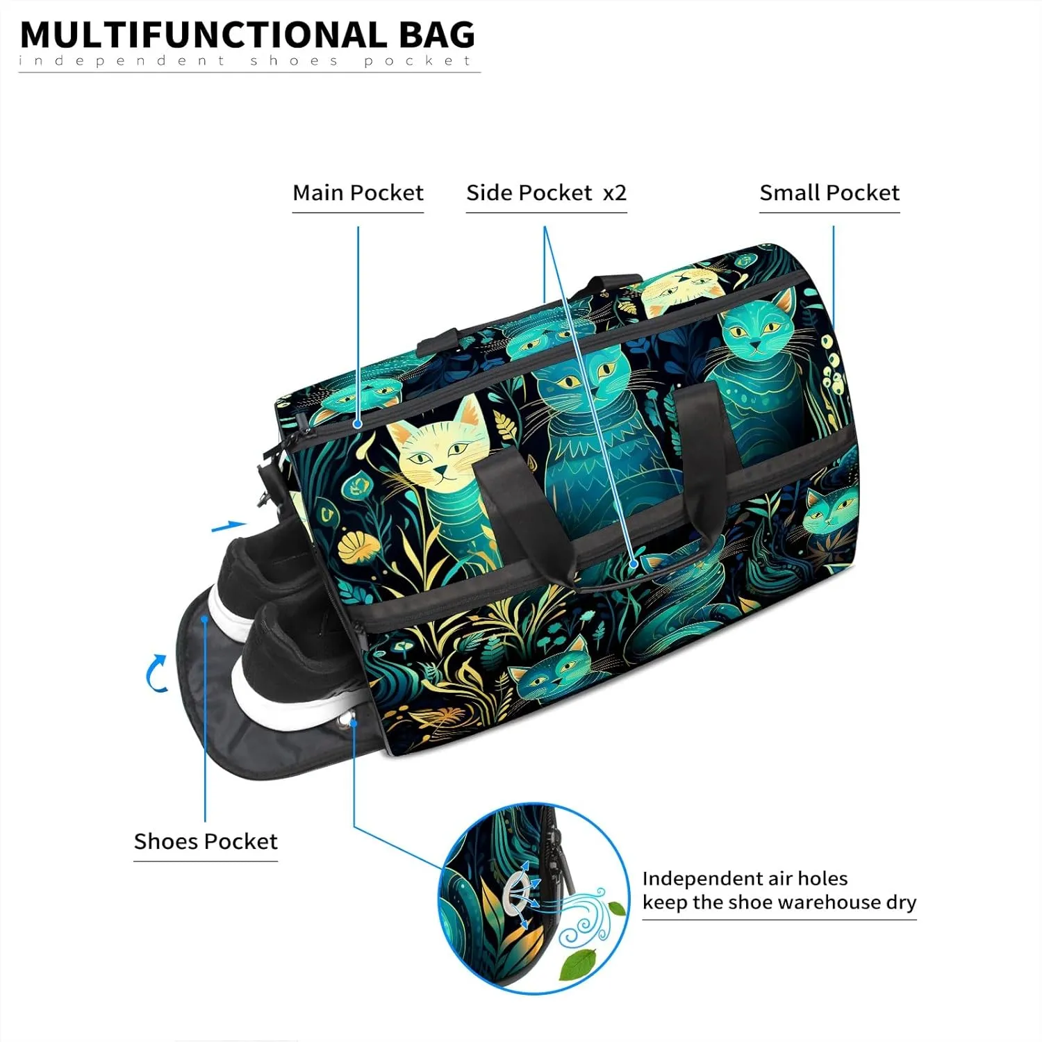 Gym Bag for Women, Carry on Weekender Overnight Bag, Travel Duffel Bags, Personal Item Travel Bag Tote Bag Workout Dance Bag, Cat - 21