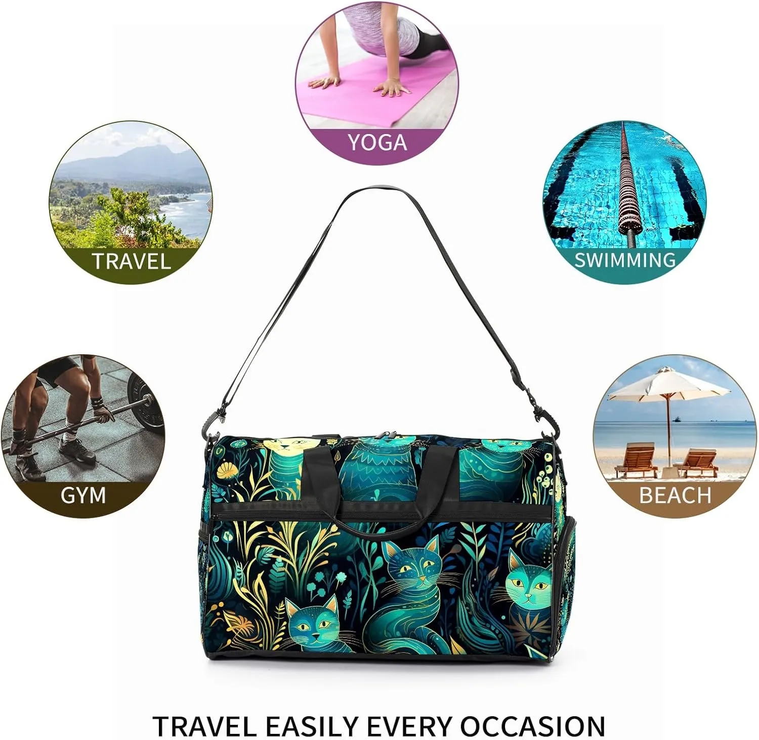 Gym Bag for Women, Carry on Weekender Overnight Bag, Travel Duffel Bags, Personal Item Travel Bag Tote Bag Workout Dance Bag, Cat - 21