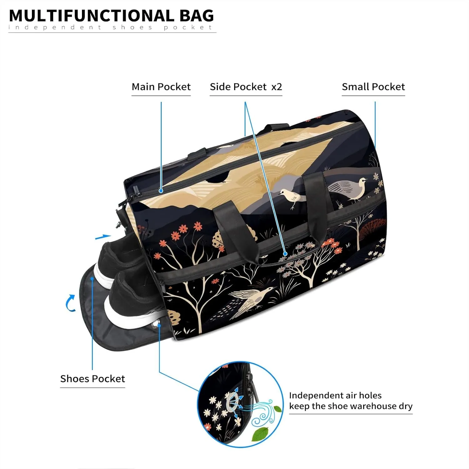 Gym Bag for Women, Carry on Weekender Overnight Bag, Travel Duffel Bags, Personal Item Travel Bag Tote Bag Workout Dance Bag, Chinese Painting Bird - 52