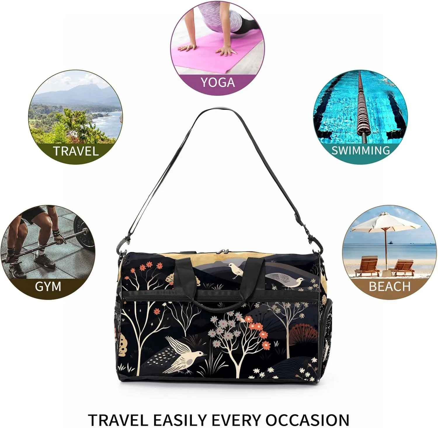 Gym Bag for Women, Carry on Weekender Overnight Bag, Travel Duffel Bags, Personal Item Travel Bag Tote Bag Workout Dance Bag, Chinese Painting Bird - 52