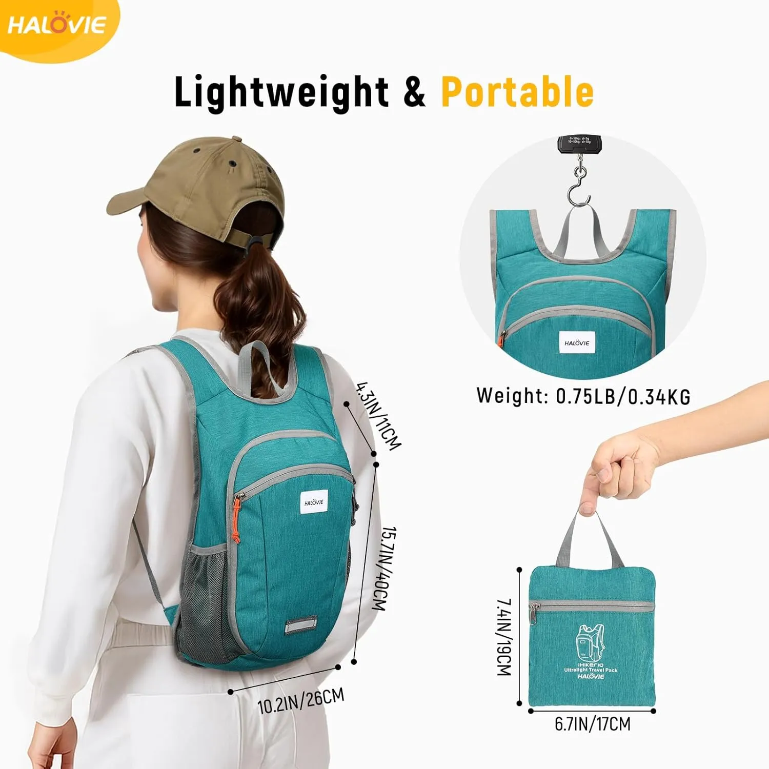 HALOVIE Small Hiking Backpack 10L Packable Lightweight Daypack Foldable Travel Back Pack for Women Men(Cyan)