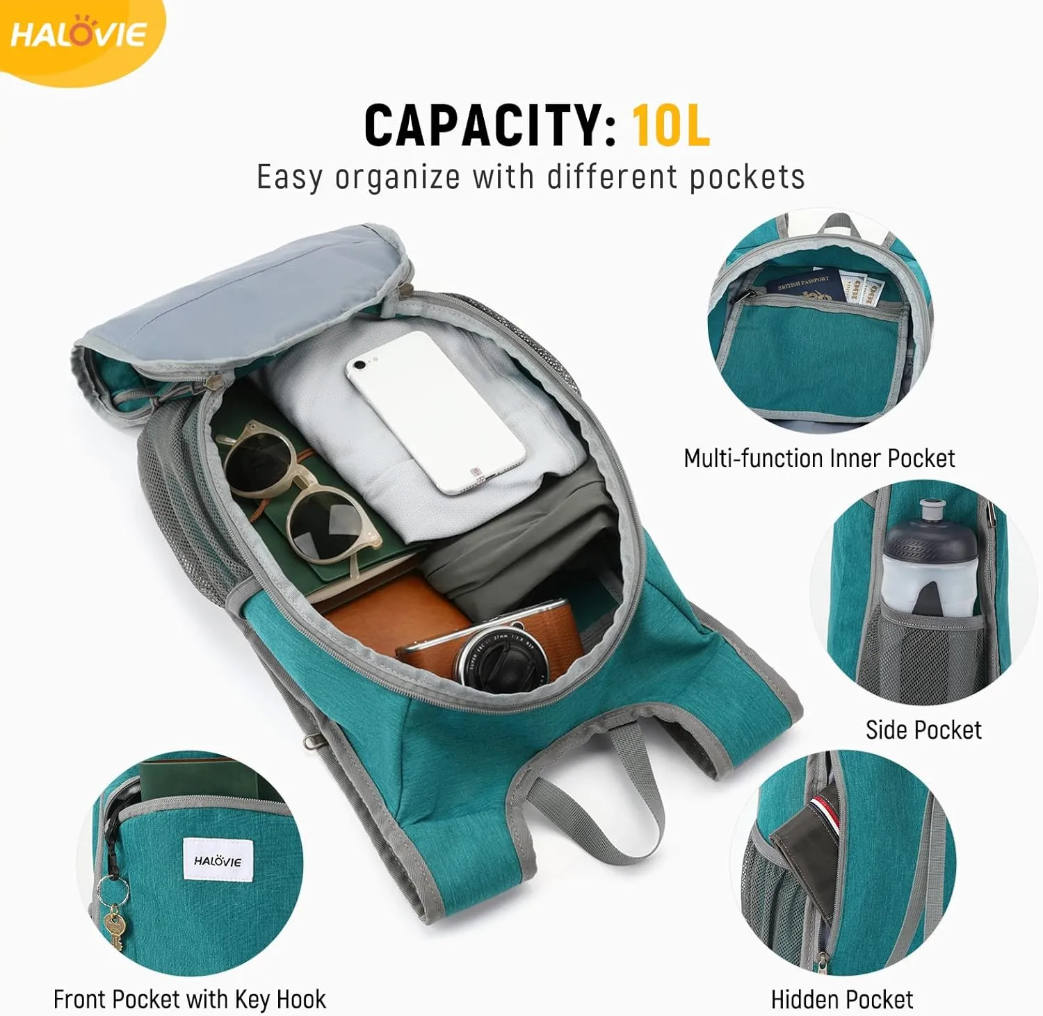 HALOVIE Small Hiking Backpack 10L Packable Lightweight Daypack Foldable Travel Back Pack for Women Men(Cyan)