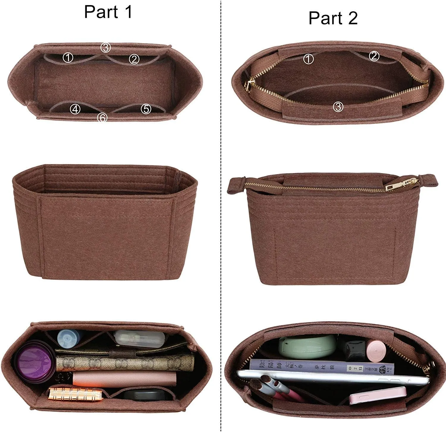 HyFanStr Felt Insert Bag Organizer with Zipper, Small Handbag Purse Organizer Tote Liner Pouch for Women, 2 Piece Set 