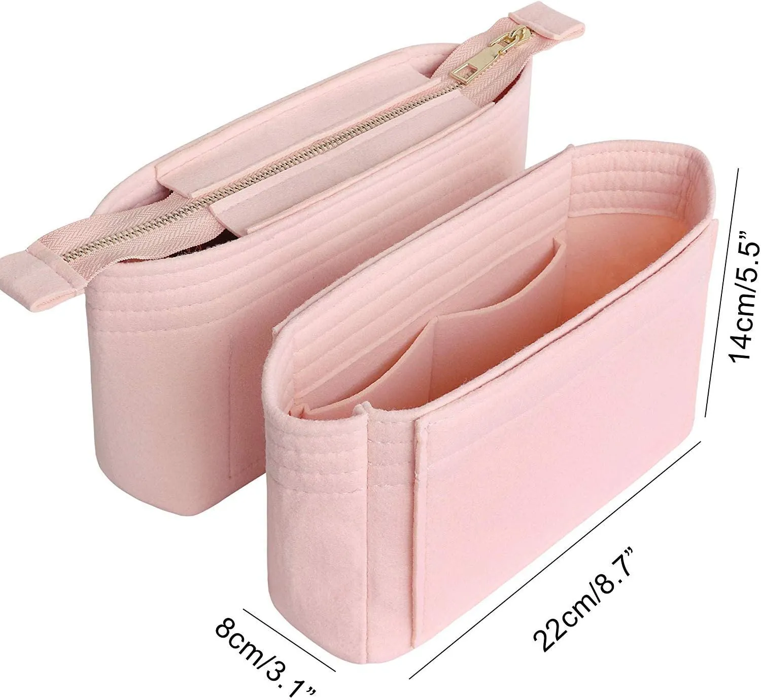 HyFanStr Felt Insert Bag Organizer with Zipper, Small Handbag Purse Organizer Tote Liner Pouch for Women, 2 Piece Set 