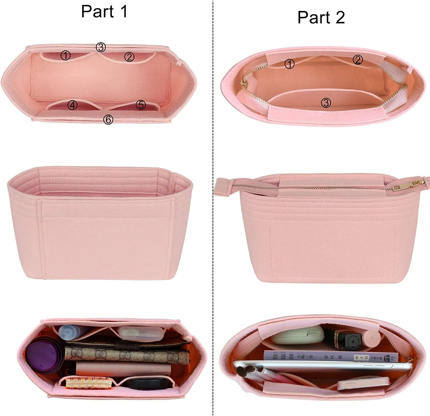 HyFanStr Felt Insert Bag Organizer with Zipper, Small Handbag Purse Organizer Tote Liner Pouch for Women, 2 Piece Set 