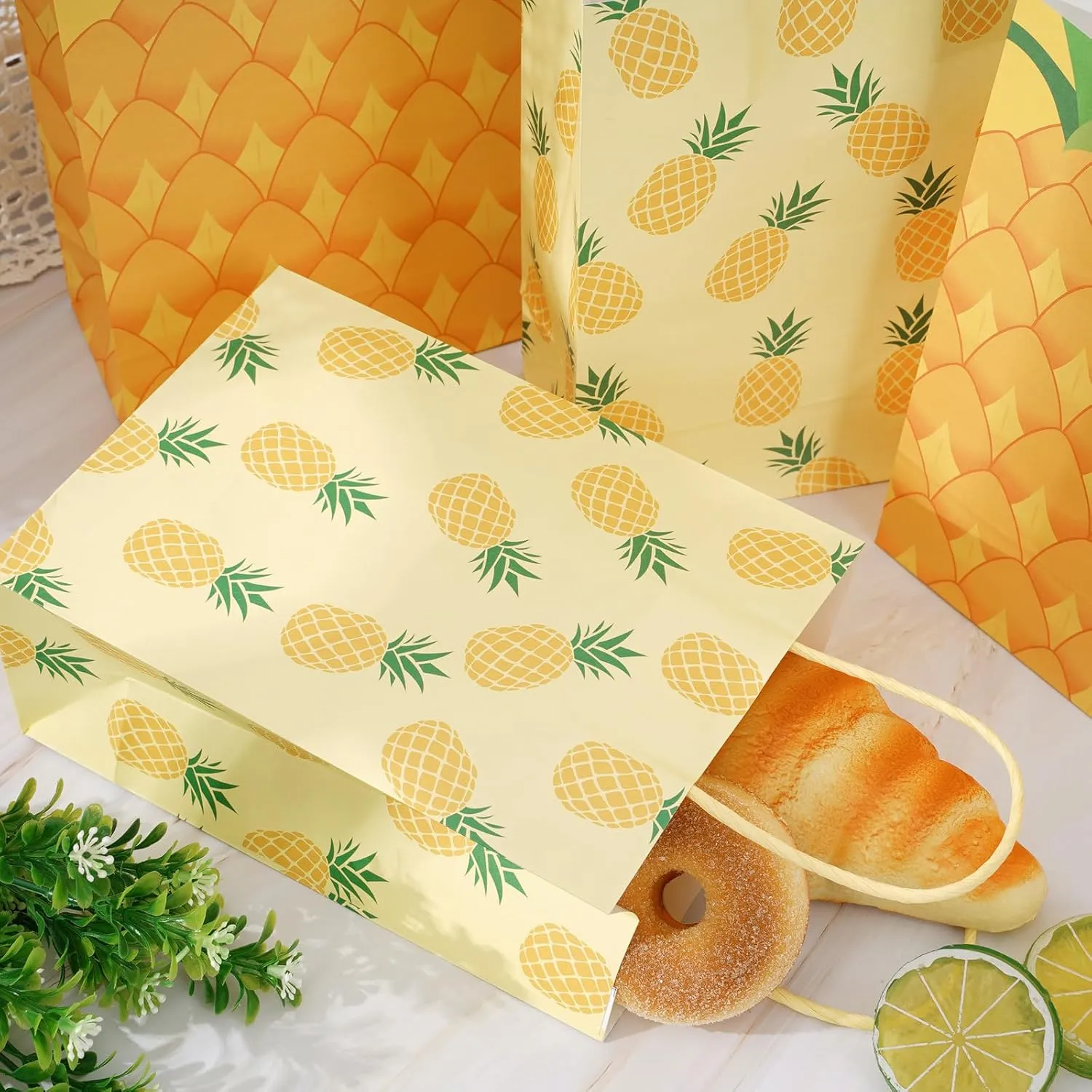 JarThenaAMCS 24Pcs Pineapple Paper Gift Bags Hawaiian Treat Bags with Handles Reusable Yellow Grocery Shopping Bags Summer Fruit Candy Goodie Bags for Luau Birthday Party Supplies