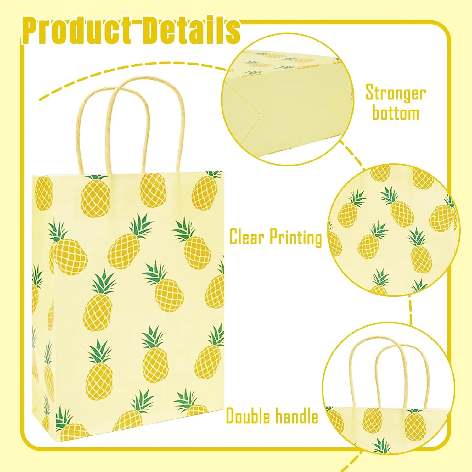 JarThenaAMCS 24Pcs Pineapple Paper Gift Bags Hawaiian Treat Bags with Handles Reusable Yellow Grocery Shopping Bags Summer Fruit Candy Goodie Bags for Luau Birthday Party Supplies