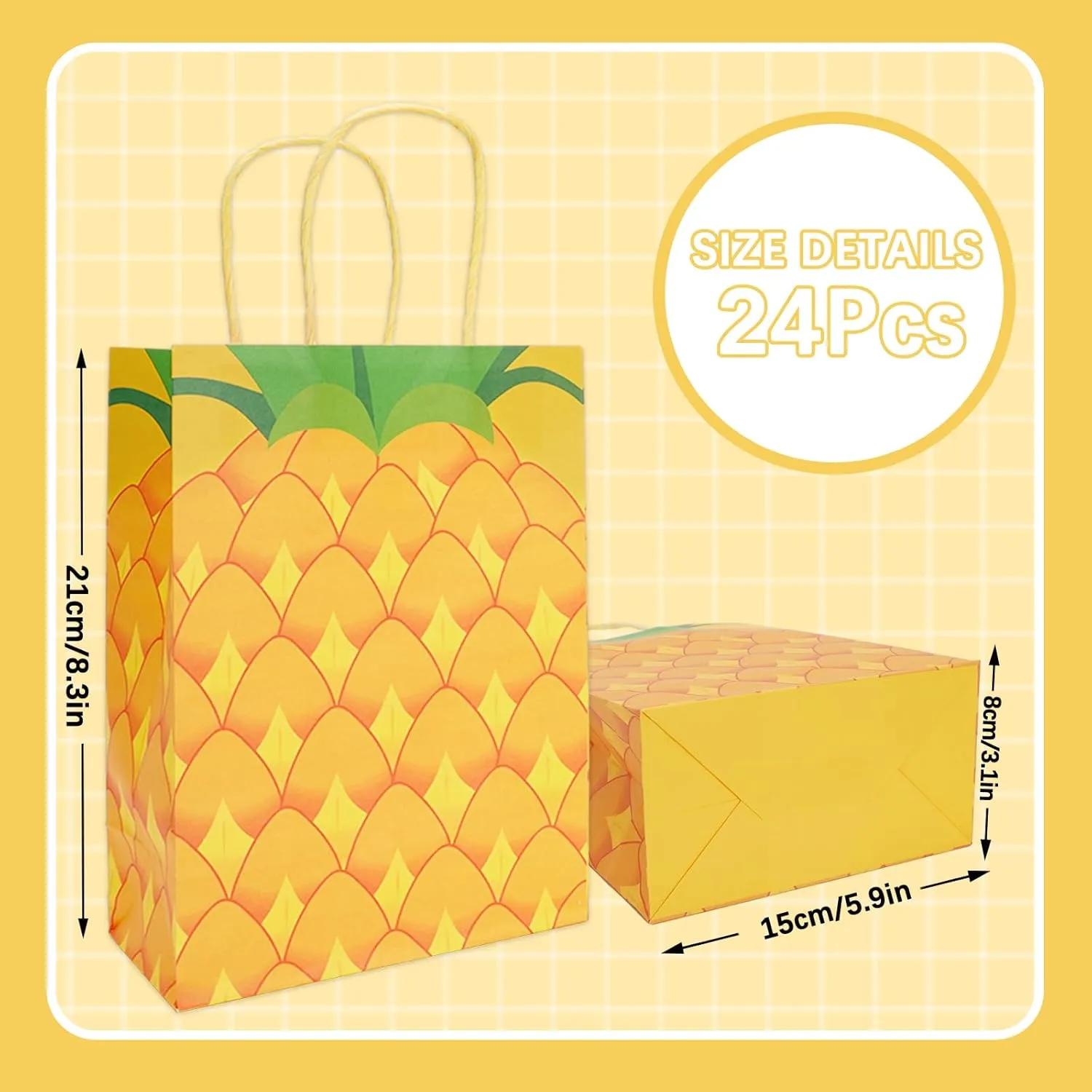 JarThenaAMCS 24Pcs Pineapple Paper Gift Bags Hawaiian Treat Bags with Handles Reusable Yellow Grocery Shopping Bags Summer Fruit Candy Goodie Bags for Luau Birthday Party Supplies