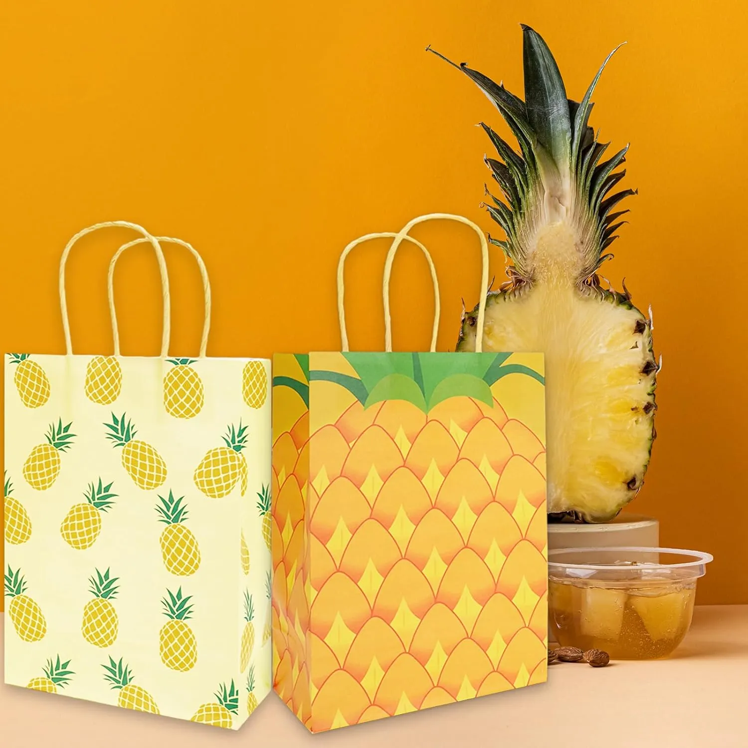 JarThenaAMCS 24Pcs Pineapple Paper Gift Bags Hawaiian Treat Bags with Handles Reusable Yellow Grocery Shopping Bags Summer Fruit Candy Goodie Bags for Luau Birthday Party Supplies