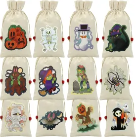 JOYIN 12 Halloween Drawstring Canvas Bags, 8.5"x4.5" Trick or Treat Gift Goody Bags Halloween Party Favor supplies for Holidays Classroom Goodie Bags