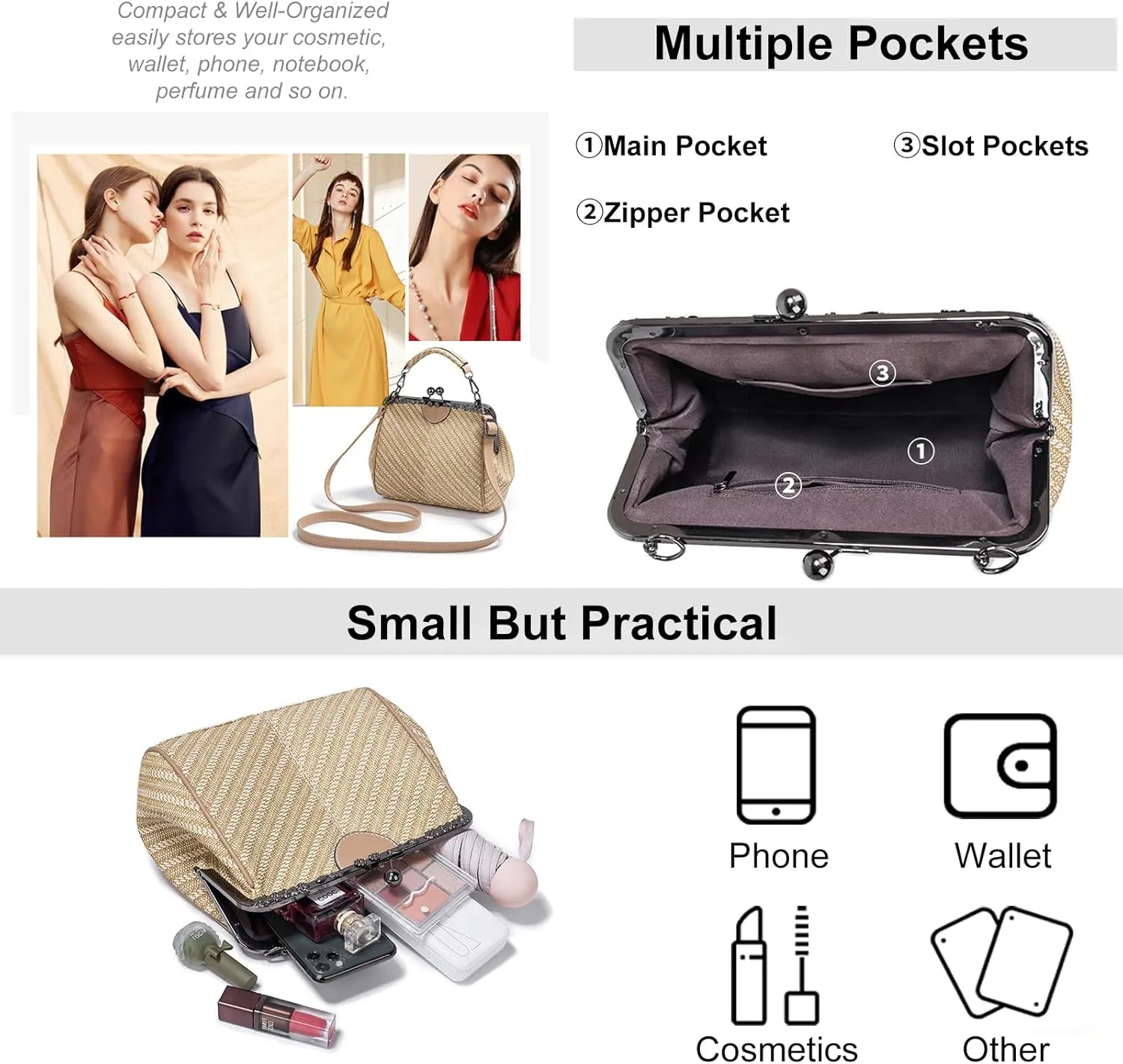 Kiss Lock Handbags for Women Vintage PU Leather Evening Clutch Satchel Retro Hollow Crossbody Shoulder Purse Tote