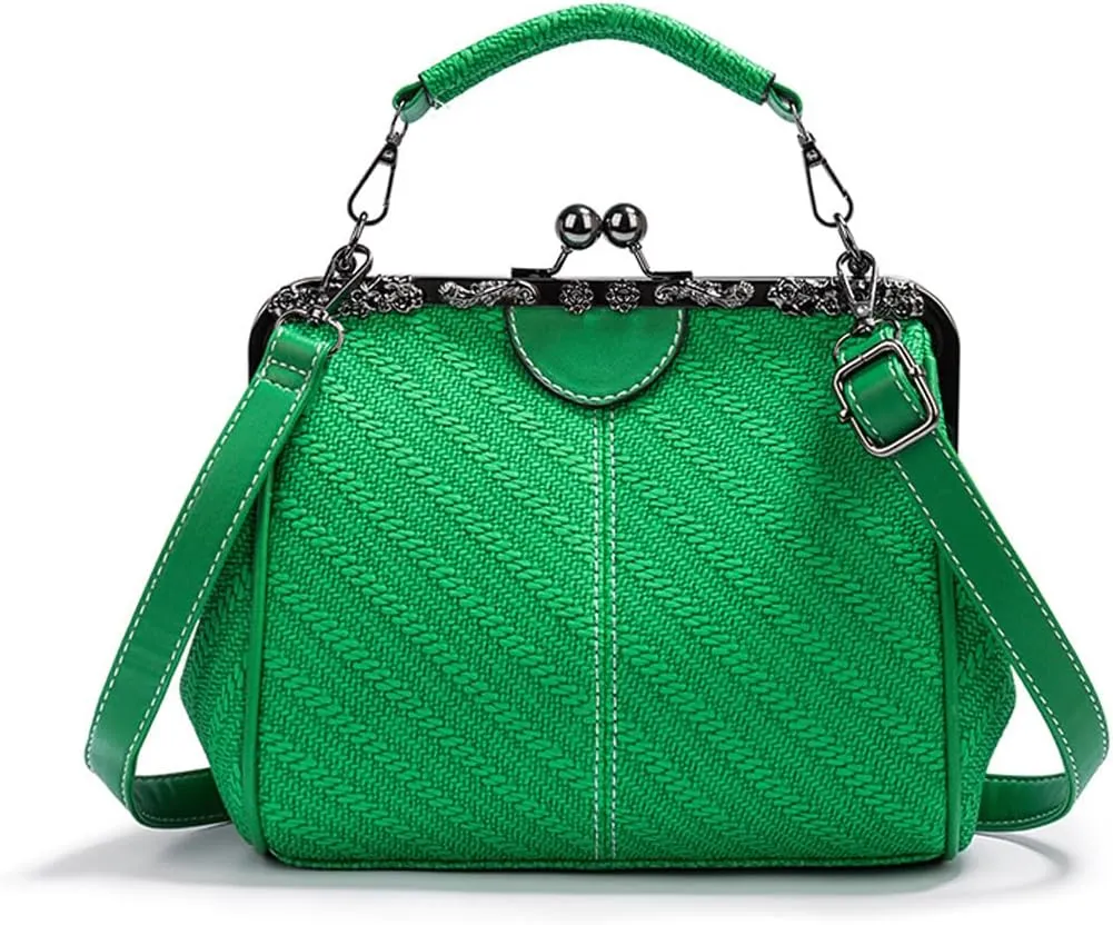 Kiss Lock Handbags for Women Vintage PU Leather Evening Clutch Satchel Retro Hollow Crossbody Shoulder Purse Tote
