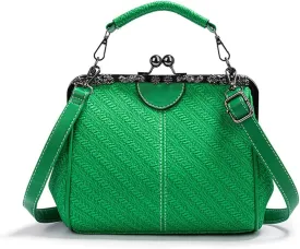 Kiss Lock Handbags for Women Vintage PU Leather Evening Clutch Satchel Retro Hollow Crossbody Shoulder Purse Tote