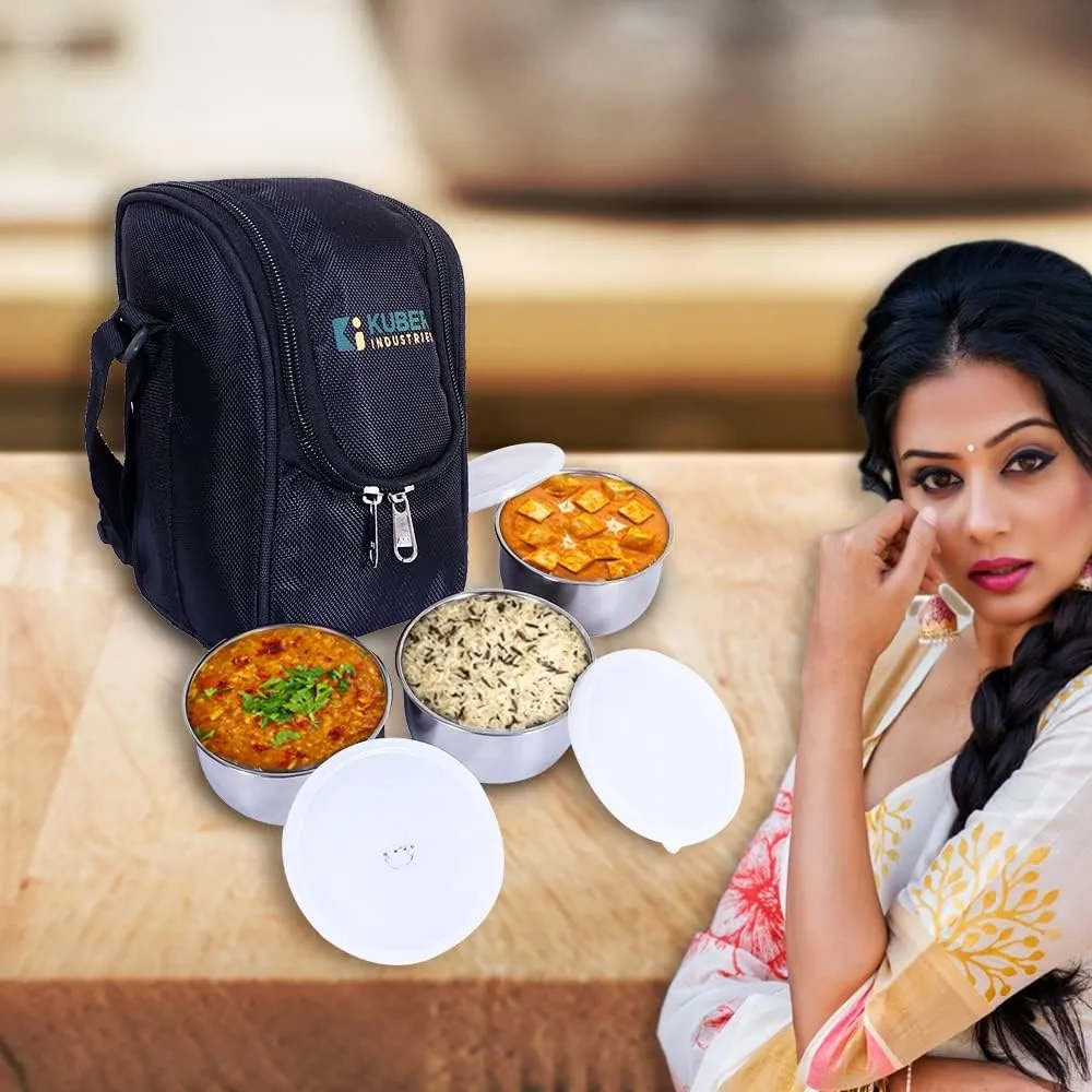 Kuber Industries Lunch Box|Canvas Leak Proof 3 Stainless Steel Insulated Containers Lunch Bag|Adjustable Straps Tiffin Box with Zipper Closure (Black) (Pack of 4)