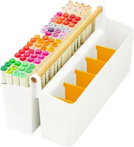 Large Portable Caddy Tote with Handle, 12 Grids Craft Storage Organizer Plastic Storage Bin Art Supply Storage Organizer Basket with Divider for Colored Pencils, Markers, Art Supplies (White Yellow)