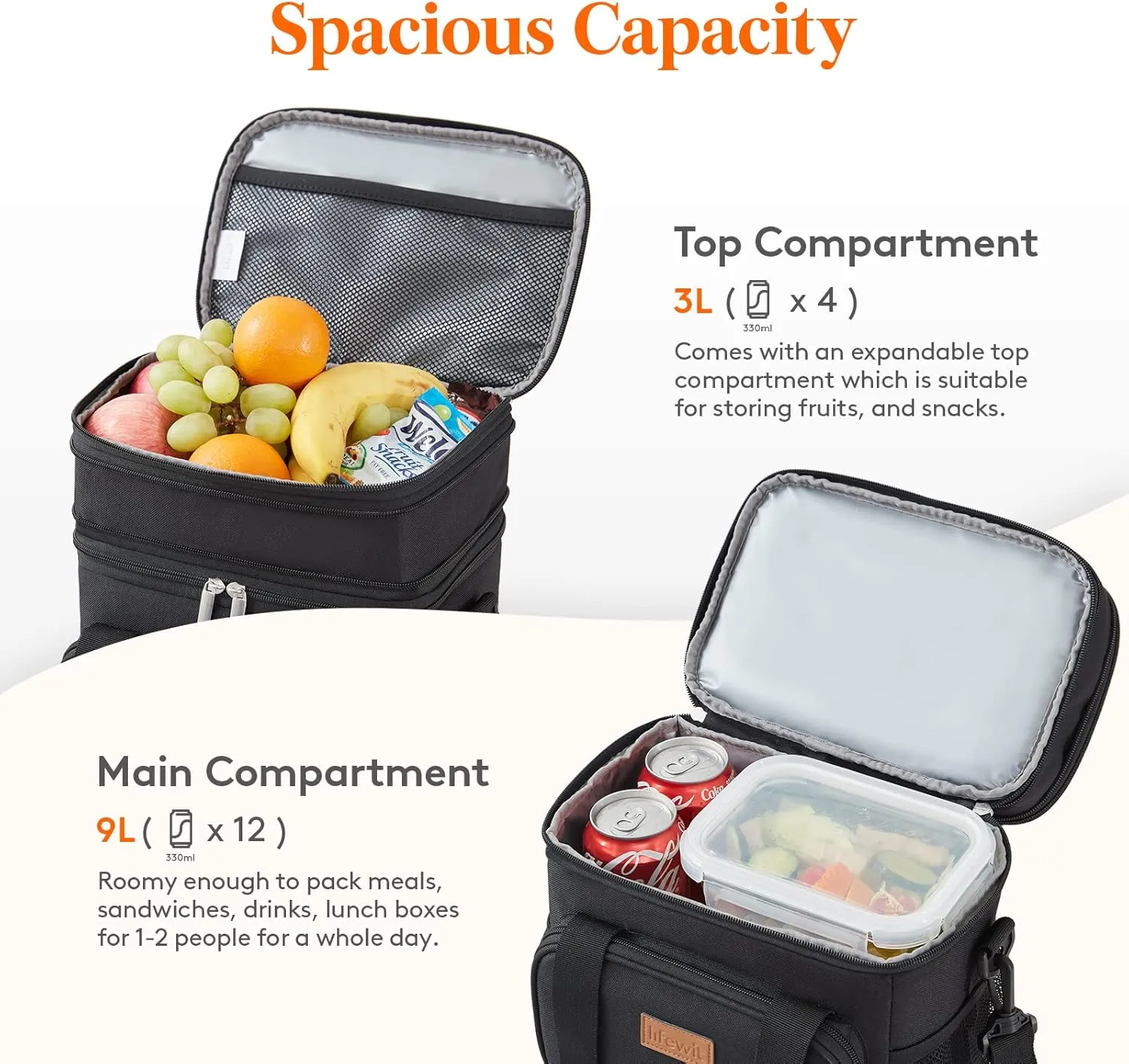 Lifewit Lunch Box for Men Women, Black, 12L/16Can, Insulated Soft Cooler Bag with Padded Shoulder Strap, Ideal for Work/Flight/Travel