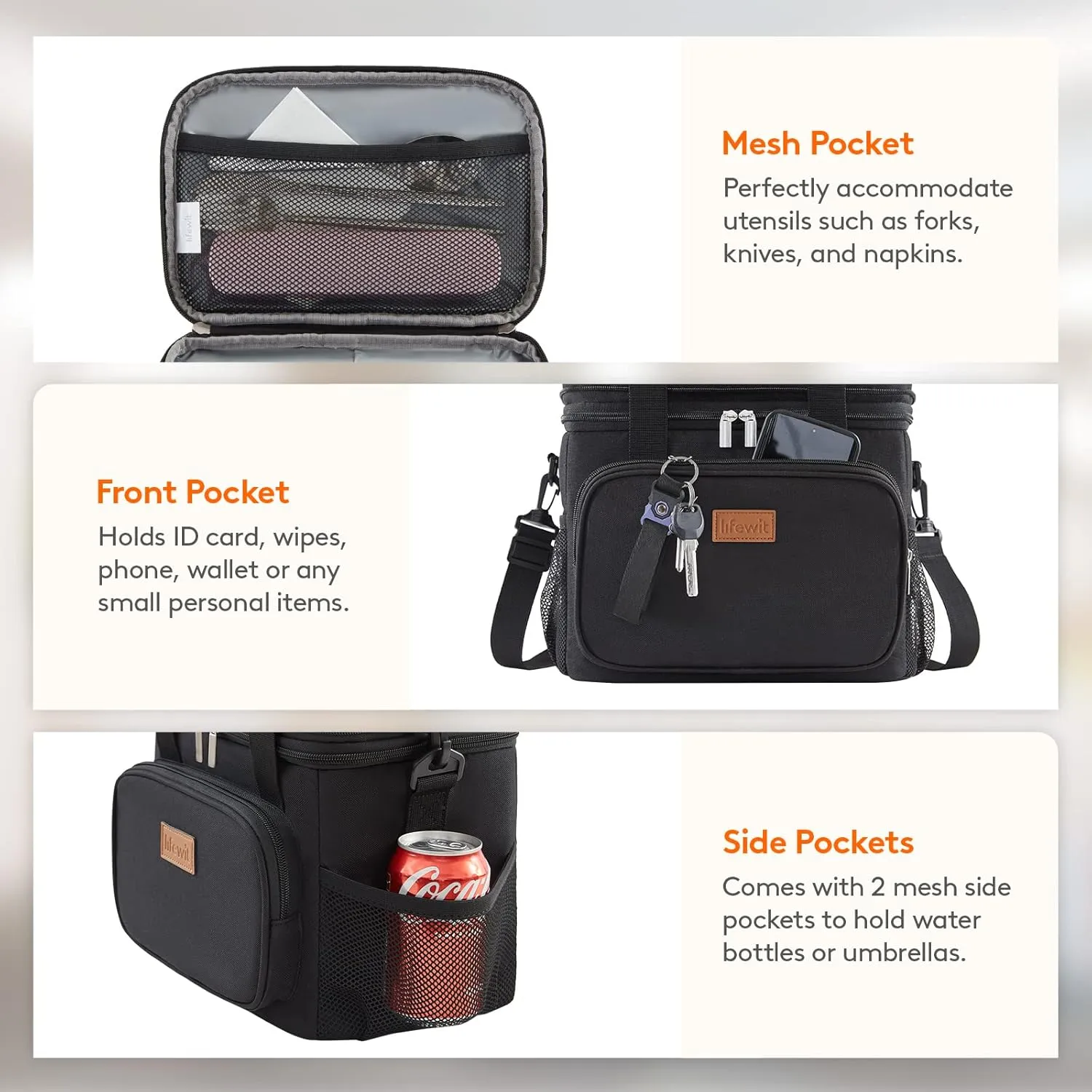 Lifewit Lunch Box for Men Women, Black, 12L/16Can, Insulated Soft Cooler Bag with Padded Shoulder Strap, Ideal for Work/Flight/Travel