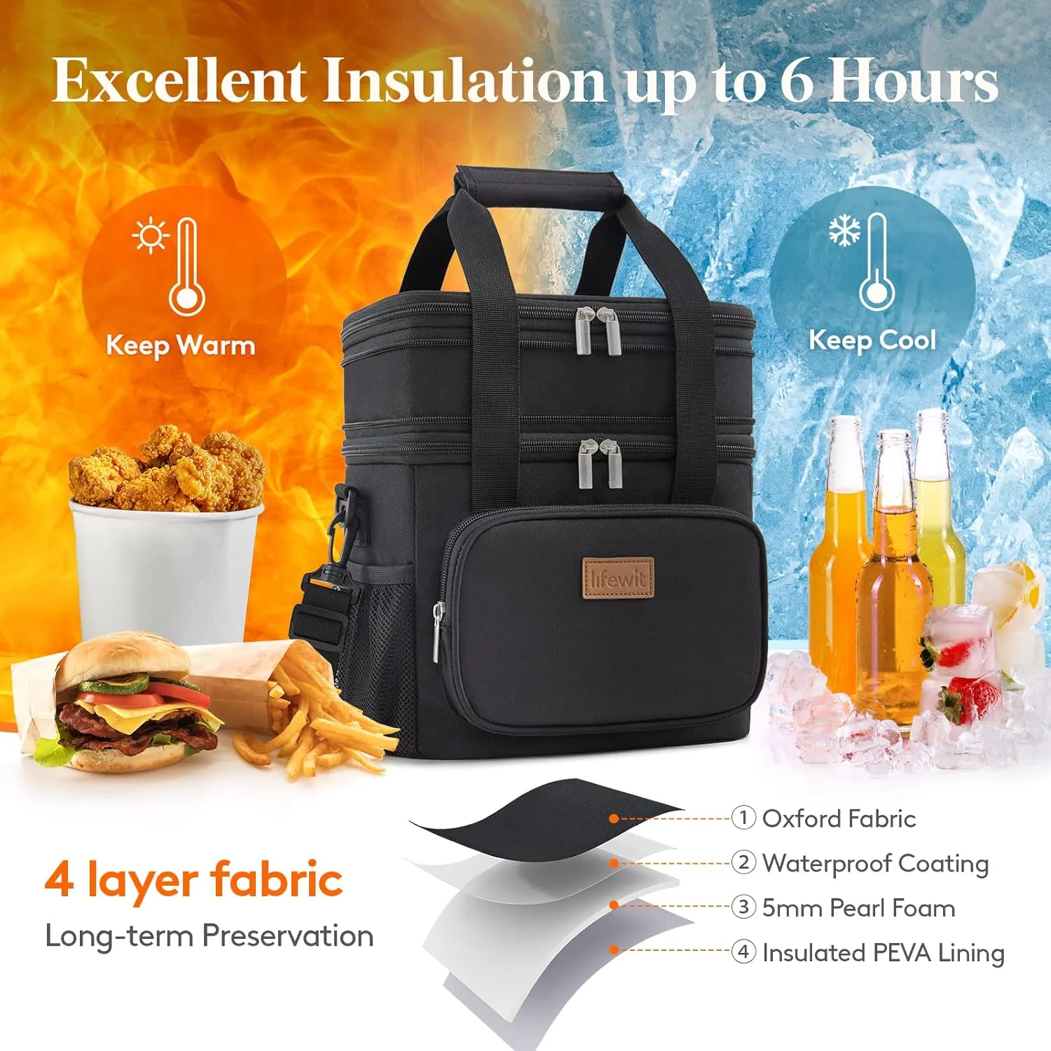 Lifewit Lunch Box for Men Women, Black, 12L/16Can, Insulated Soft Cooler Bag with Padded Shoulder Strap, Ideal for Work/Flight/Travel