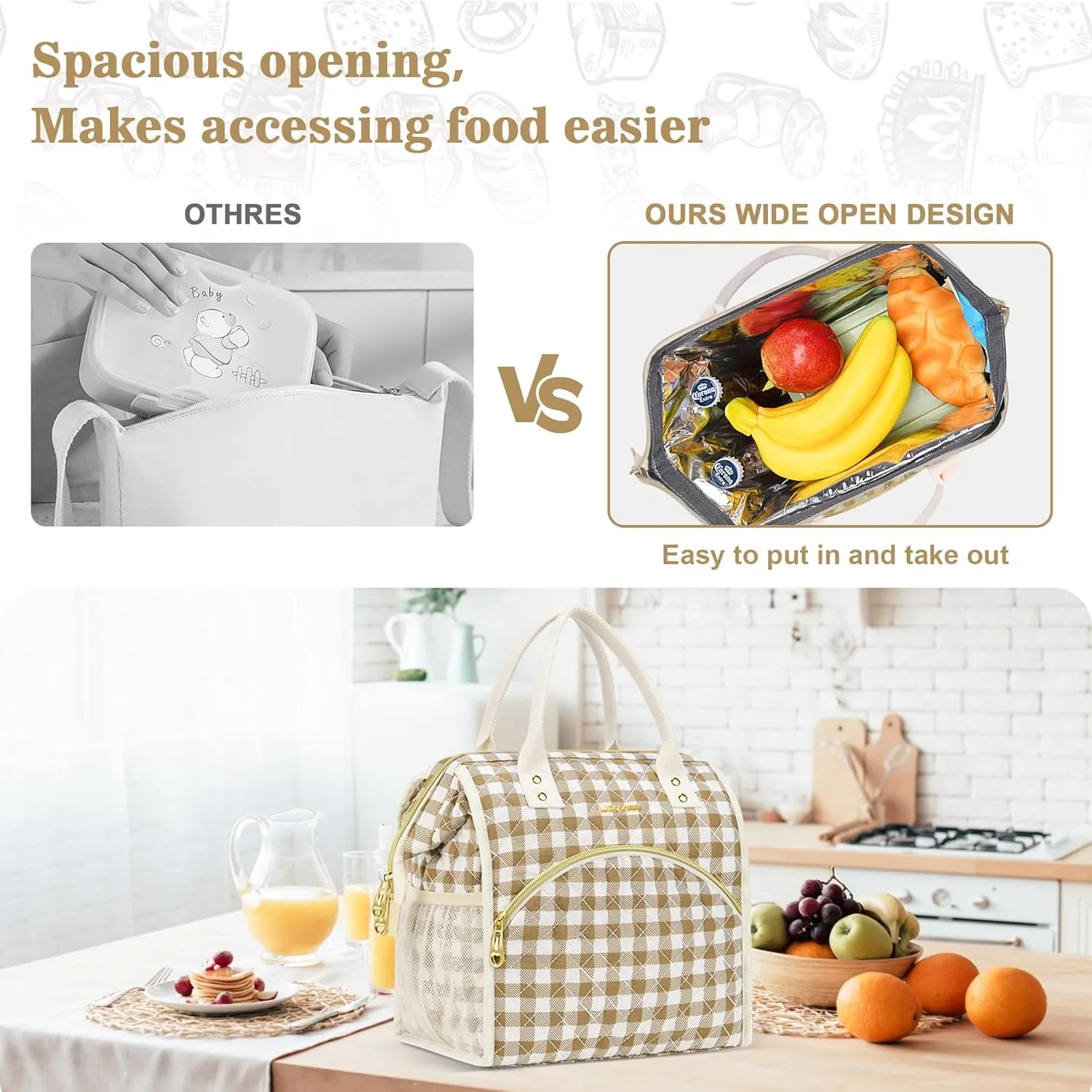 LOKASS Insulated Lunch Bag Women- Reusable 10 L Lunch Box for Women - Leakproof Tote Cooler Bag for Adults Work, Beach, Travel, Picnic Brown&White Diamond Grid