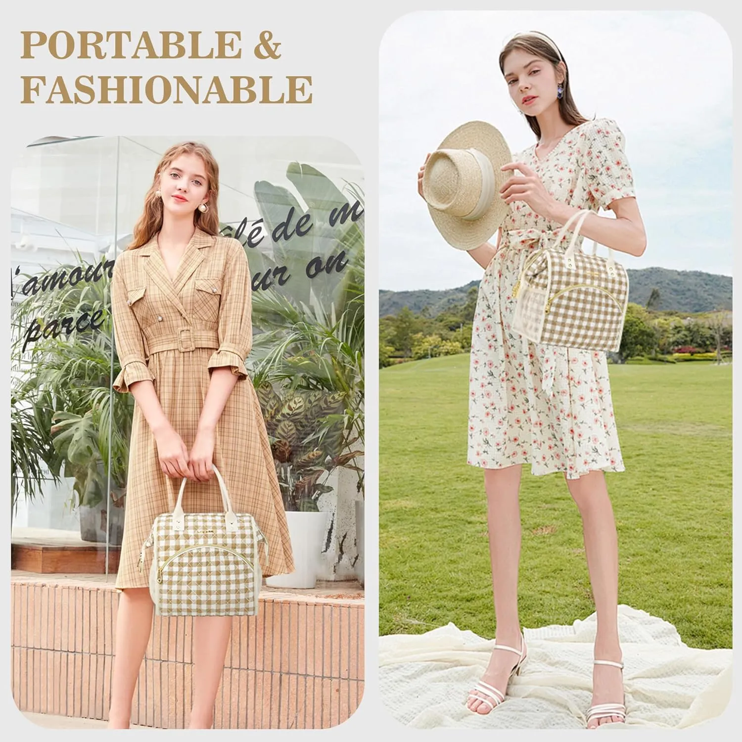 LOKASS Insulated Lunch Bag Women- Reusable 10 L Lunch Box for Women - Leakproof Tote Cooler Bag for Adults Work, Beach, Travel, Picnic Brown&White Diamond Grid