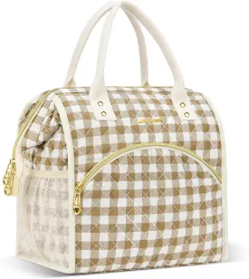 LOKASS Insulated Lunch Bag Women- Reusable 10 L Lunch Box for Women - Leakproof Tote Cooler Bag for Adults Work, Beach, Travel, Picnic Brown&White Diamond Grid