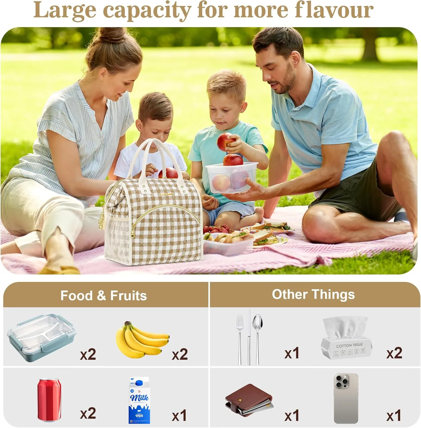LOKASS Insulated Lunch Bag Women- Reusable 10 L Lunch Box for Women - Leakproof Tote Cooler Bag for Adults Work, Beach, Travel, Picnic Brown&White Diamond Grid