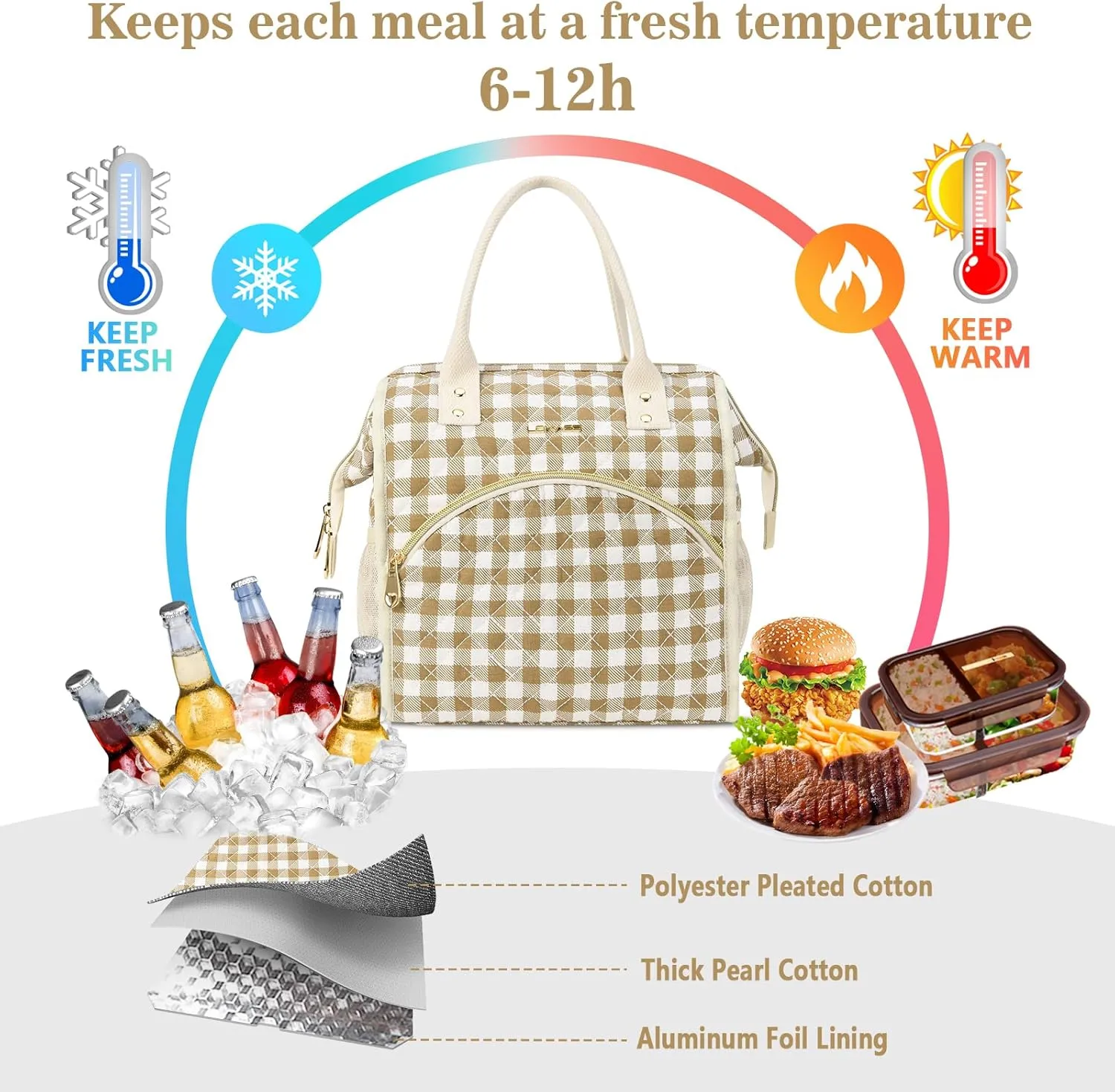LOKASS Insulated Lunch Bag Women- Reusable 10 L Lunch Box for Women - Leakproof Tote Cooler Bag for Adults Work, Beach, Travel, Picnic Brown&White Diamond Grid