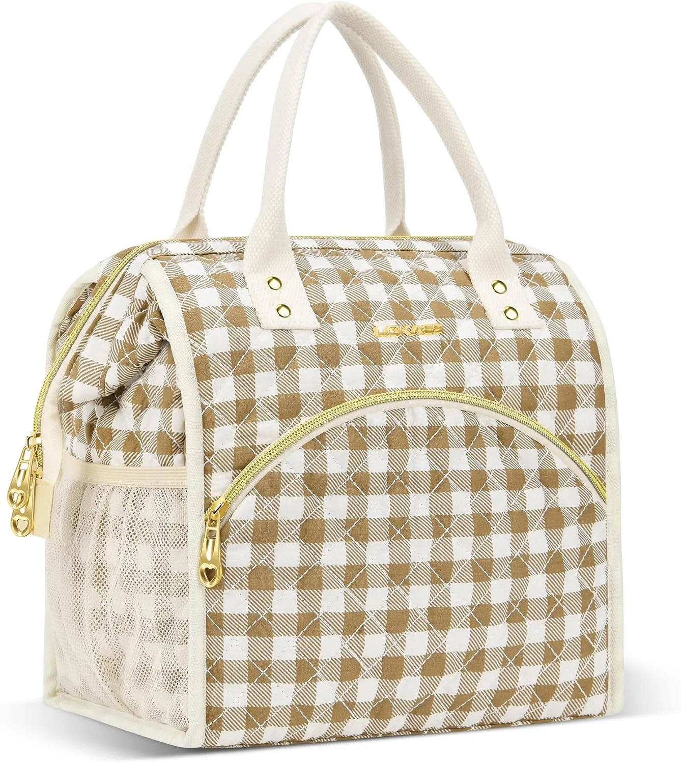 LOKASS Insulated Lunch Bag Women- Reusable 10 L Lunch Box for Women - Leakproof Tote Cooler Bag for Adults Work, Beach, Travel, Picnic Brown&White Diamond Grid