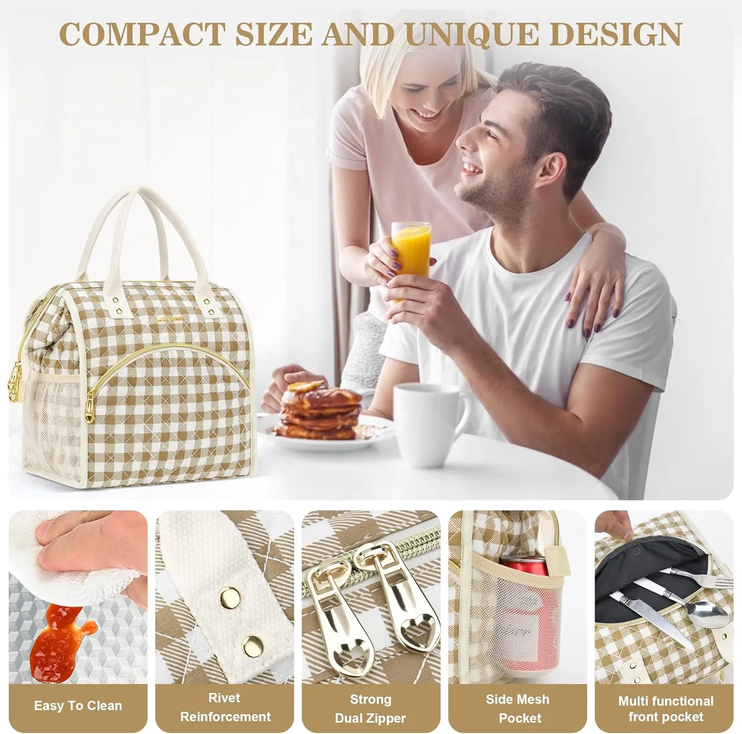 LOKASS Insulated Lunch Bag Women- Reusable 10 L Lunch Box for Women - Leakproof Tote Cooler Bag for Adults Work, Beach, Travel, Picnic Brown&White Diamond Grid