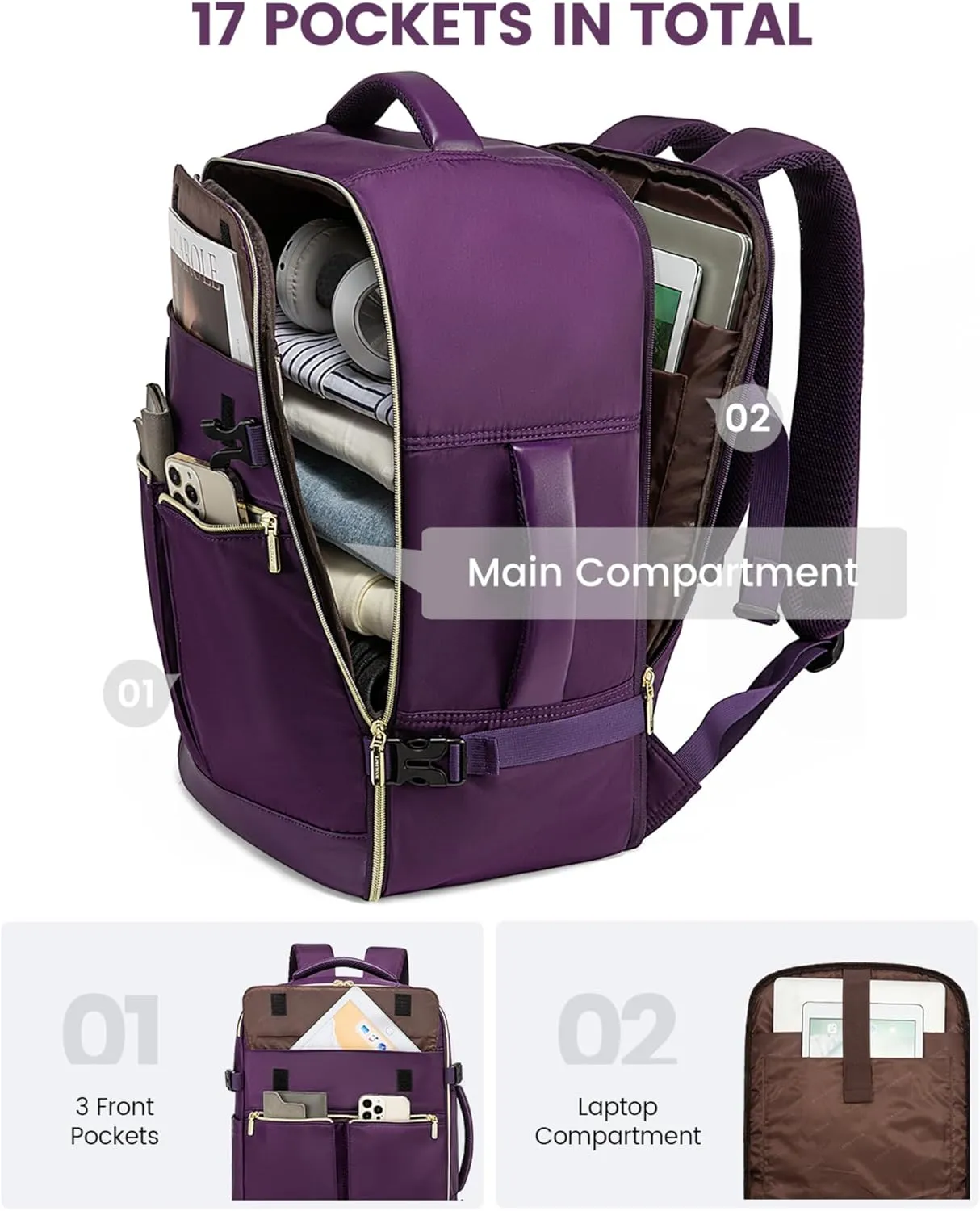LOVEVOOK 40L Large Carry On Travel Backpack for Women, Flight Approved, Waterproof, TSA Compliant, Fits 17.3'' Laptop, Includes 3 Packing Cubes
