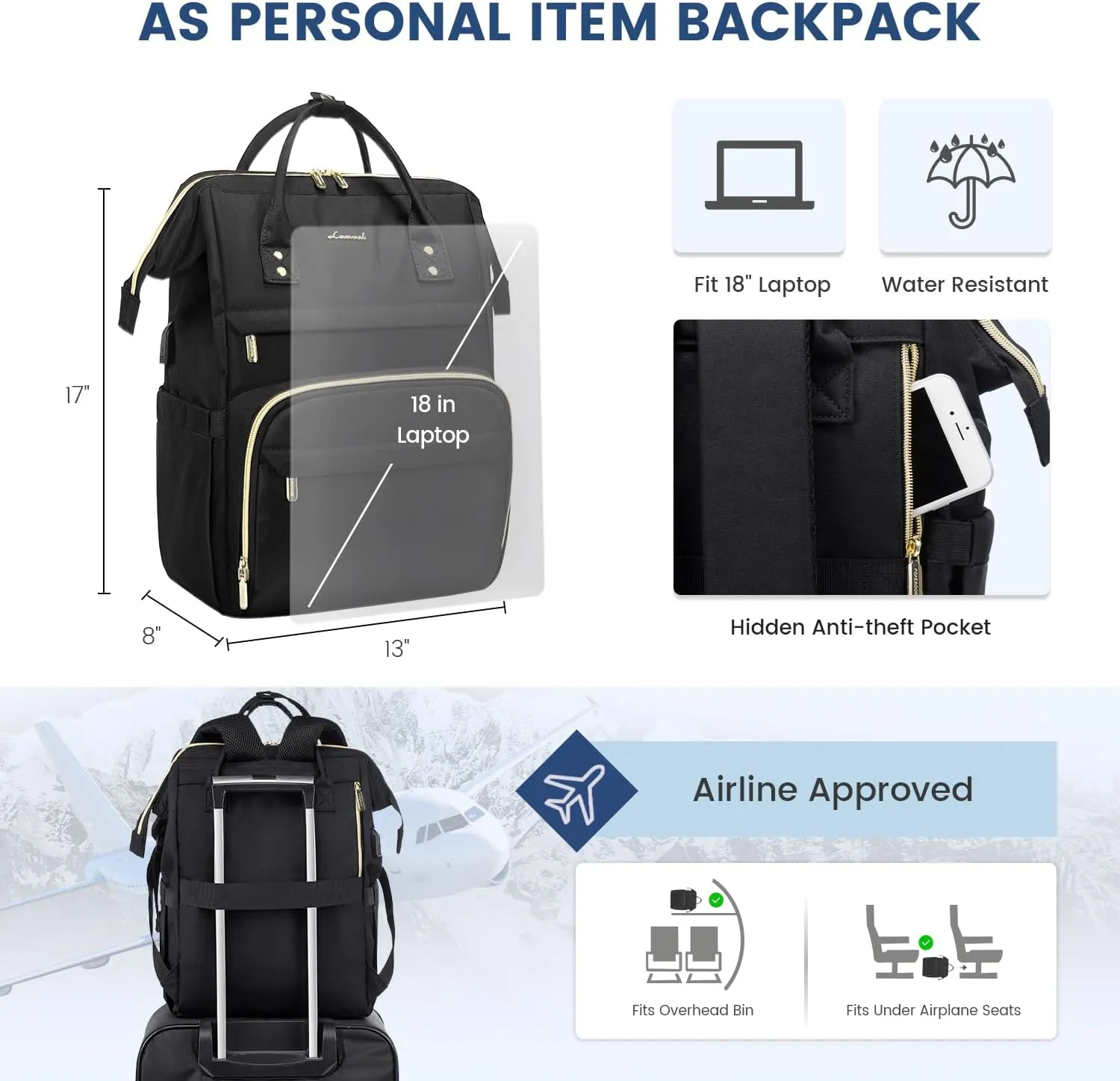 LOVEVOOK Extra Large Travel Laptop Backpack Women, 18 Inch Womens Work Backpack Purse, Waterproof Anti-theft Travel Back Pack with USB Charging Port for College Teacher Nurse, Black
