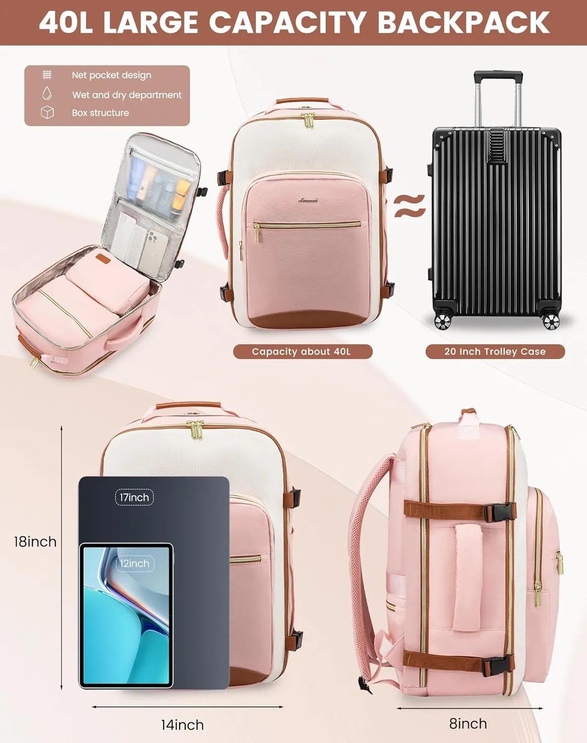 LOVEVOOK Large Travel Backpack for Women & Men, 40L Carry on Backpack for Airplanes, TSA Personal Item Travel Bag fits 17" Laptop, Waterproof Travel Essentials Airline Approved with 3 Packing Cubes