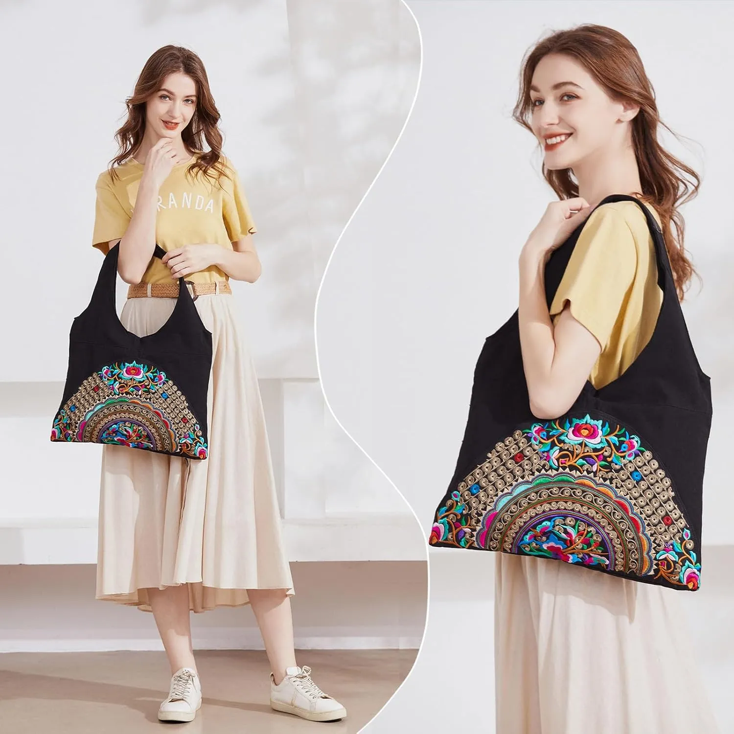 MAZEXY Tote Handbags for Women Large Embroidered Canvas Shoulder Bag Daily Bag