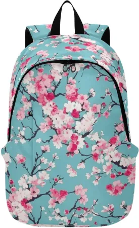 MCHIVER Travel Backpack Teal Blue Cherry Blossom Casual Daypack Backpacks Lightweight Carry on Bag Water Resistant Bookbag for Women Men