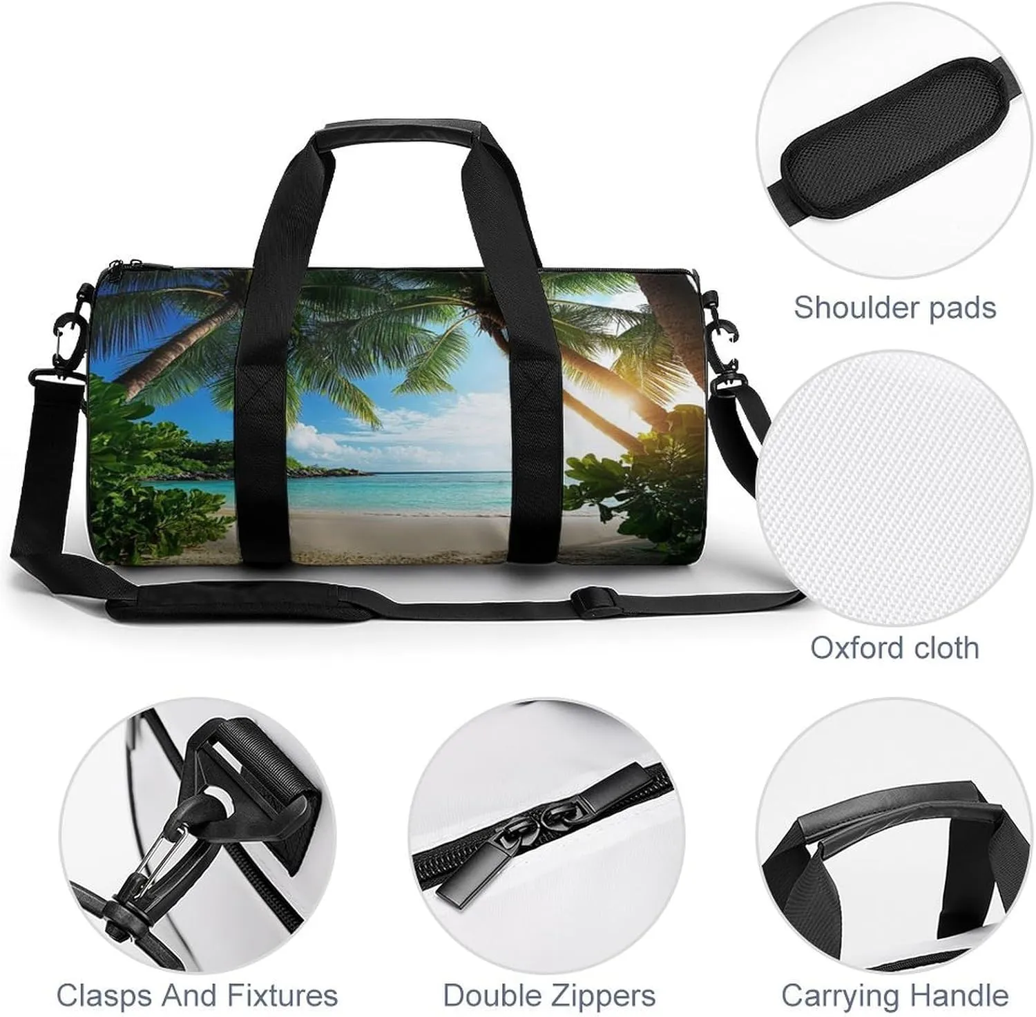 Mens Gym Duffel Bag, Waterproof Travel Storage Bag with Adjustable Strap Nature Clouds Sky Summer Sand Trees Ocean Sea Beach Sport Yoga Handbag for Overnight Weekender