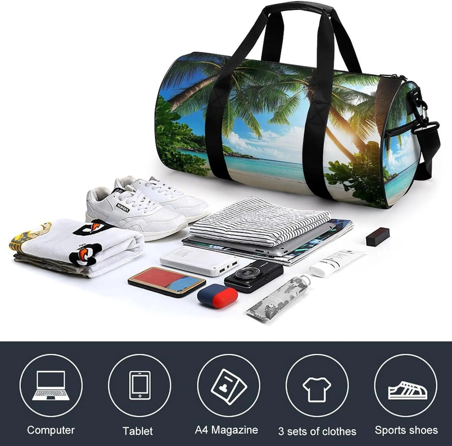 Mens Gym Duffel Bag, Waterproof Travel Storage Bag with Adjustable Strap Nature Clouds Sky Summer Sand Trees Ocean Sea Beach Sport Yoga Handbag for Overnight Weekender