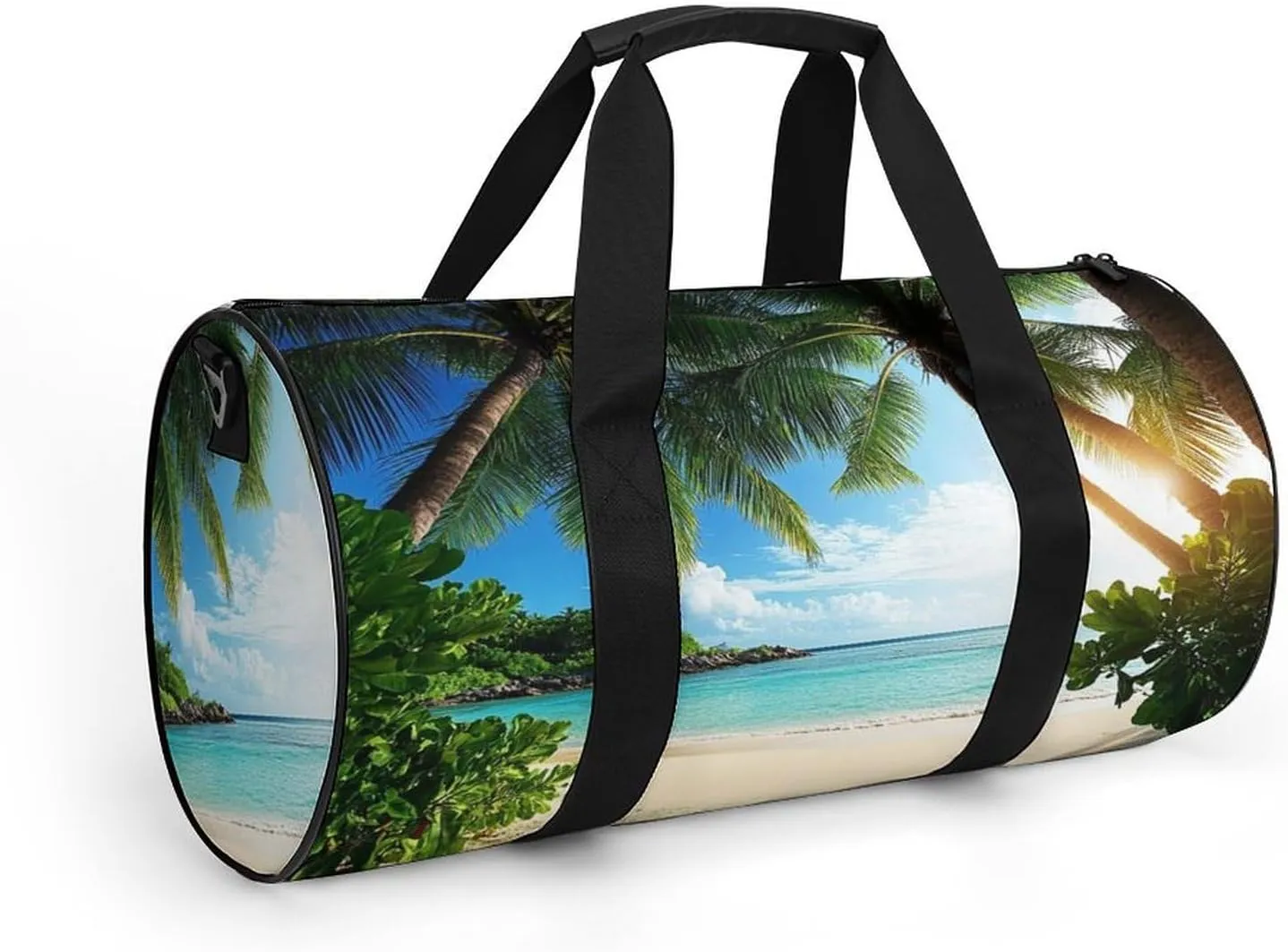 Mens Gym Duffel Bag, Waterproof Travel Storage Bag with Adjustable Strap Nature Clouds Sky Summer Sand Trees Ocean Sea Beach Sport Yoga Handbag for Overnight Weekender