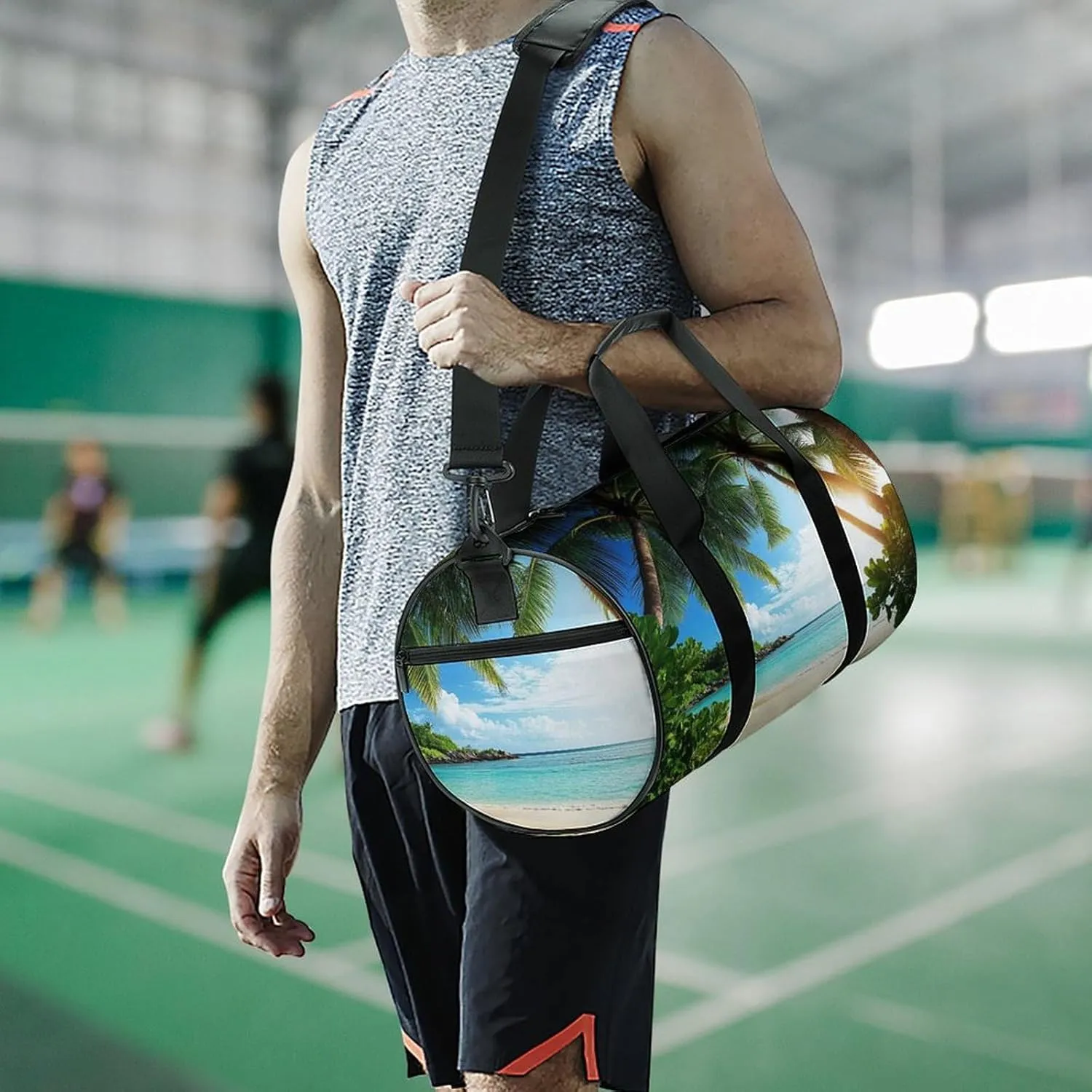 Mens Gym Duffel Bag, Waterproof Travel Storage Bag with Adjustable Strap Nature Clouds Sky Summer Sand Trees Ocean Sea Beach Sport Yoga Handbag for Overnight Weekender