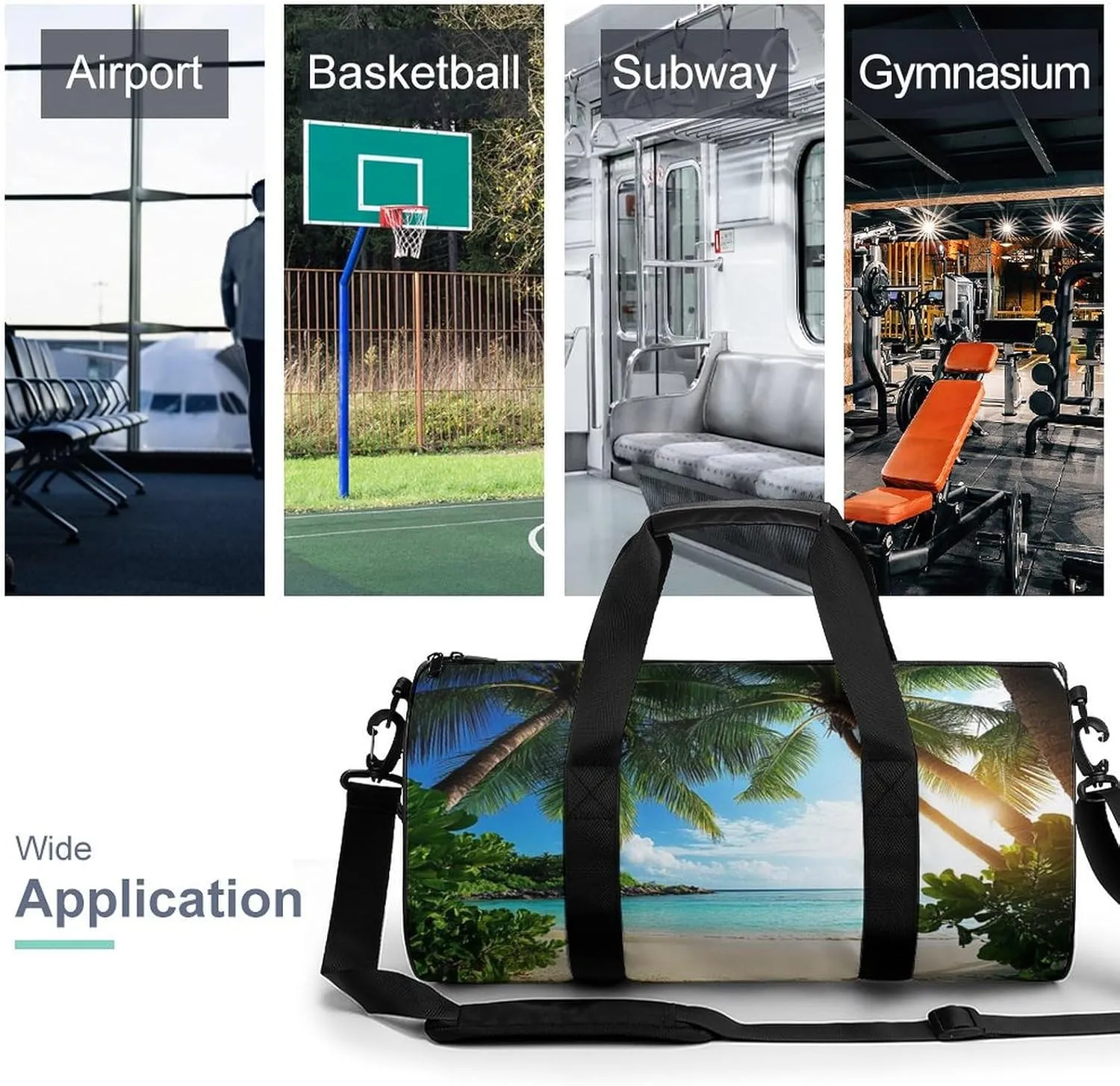 Mens Gym Duffel Bag, Waterproof Travel Storage Bag with Adjustable Strap Nature Clouds Sky Summer Sand Trees Ocean Sea Beach Sport Yoga Handbag for Overnight Weekender