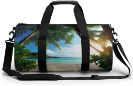 Mens Gym Duffel Bag, Waterproof Travel Storage Bag with Adjustable Strap Nature Clouds Sky Summer Sand Trees Ocean Sea Beach Sport Yoga Handbag for Overnight Weekender