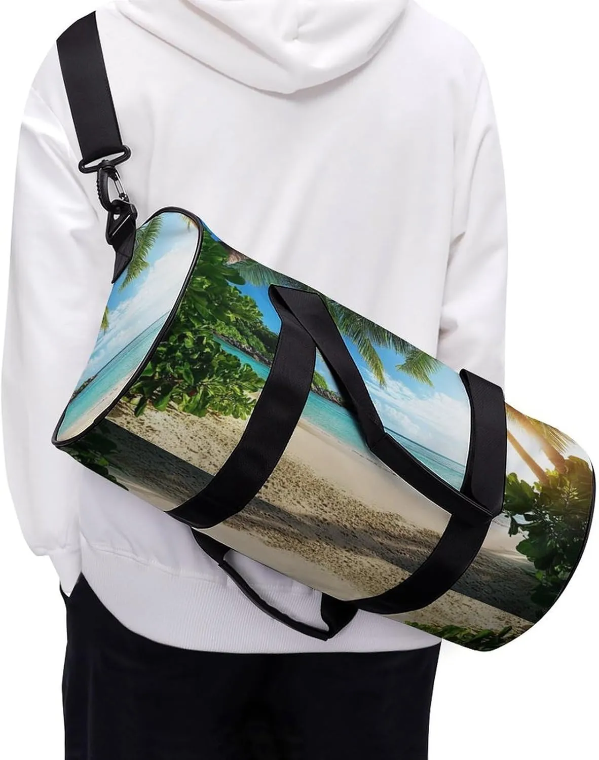 Mens Gym Duffel Bag, Waterproof Travel Storage Bag with Adjustable Strap Nature Clouds Sky Summer Sand Trees Ocean Sea Beach Sport Yoga Handbag for Overnight Weekender