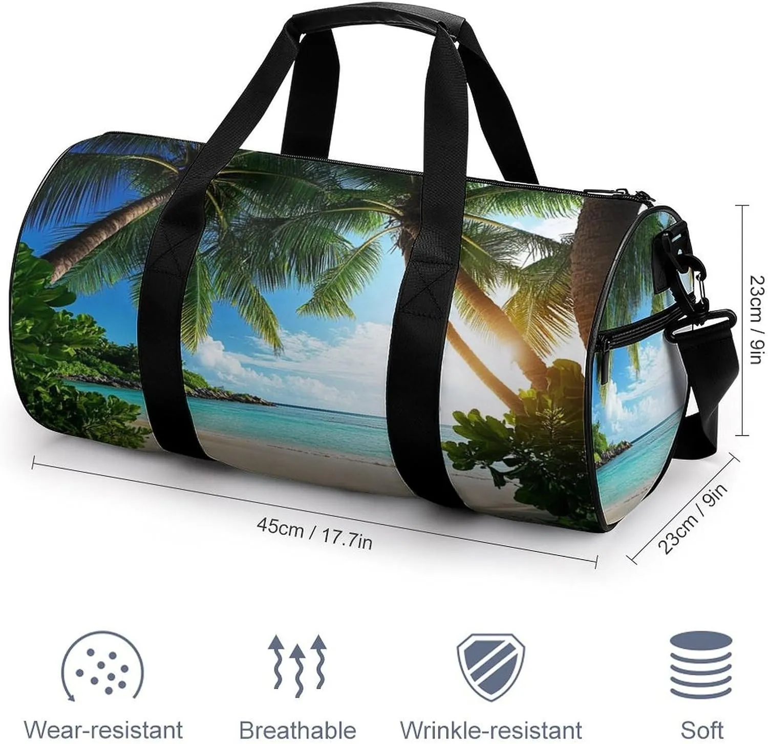 Mens Gym Duffel Bag, Waterproof Travel Storage Bag with Adjustable Strap Nature Clouds Sky Summer Sand Trees Ocean Sea Beach Sport Yoga Handbag for Overnight Weekender
