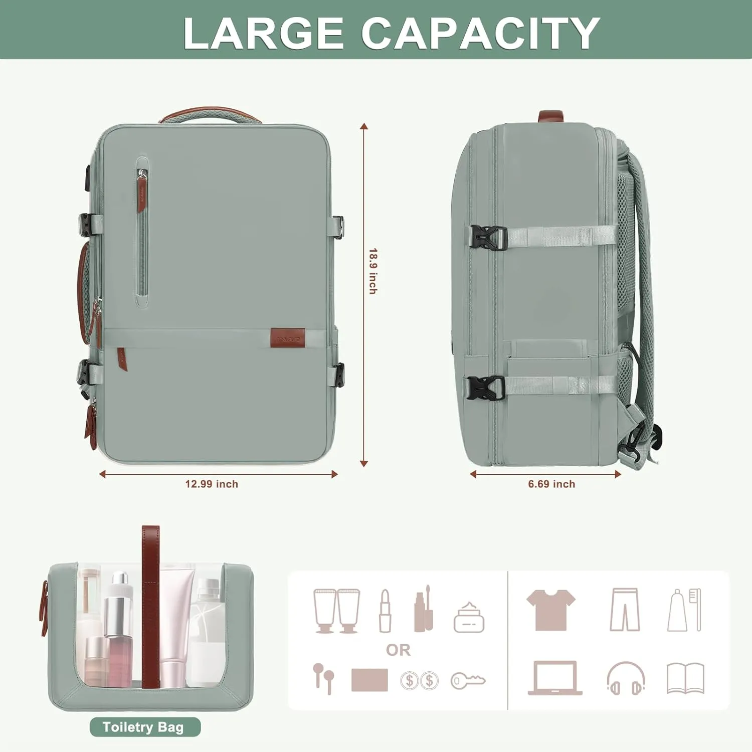 MOSISO Travel Backpack, 40L Carry on Laptop Backpack, 17-17.3 inch Airline Approved Luggage Bag with USB Port&Hidden Shoulder Strap, Casual Daypack with Toiletry Bag&Shoe Pocket, Antique Green