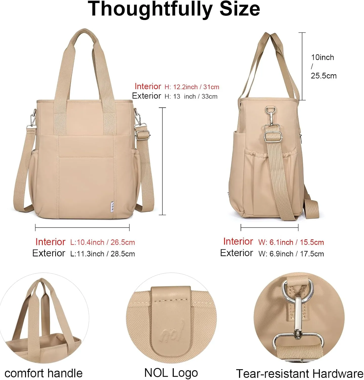 NOL Insulated Lunch Bag for Women, Large Spacious Lunch Tote Bag With Removable Adjustable Shoulder Strap with Multi Pockets,Leakproof Cooler Bag,Lightweight Nylon Waterproof Lunch Box For Work,Khaki
