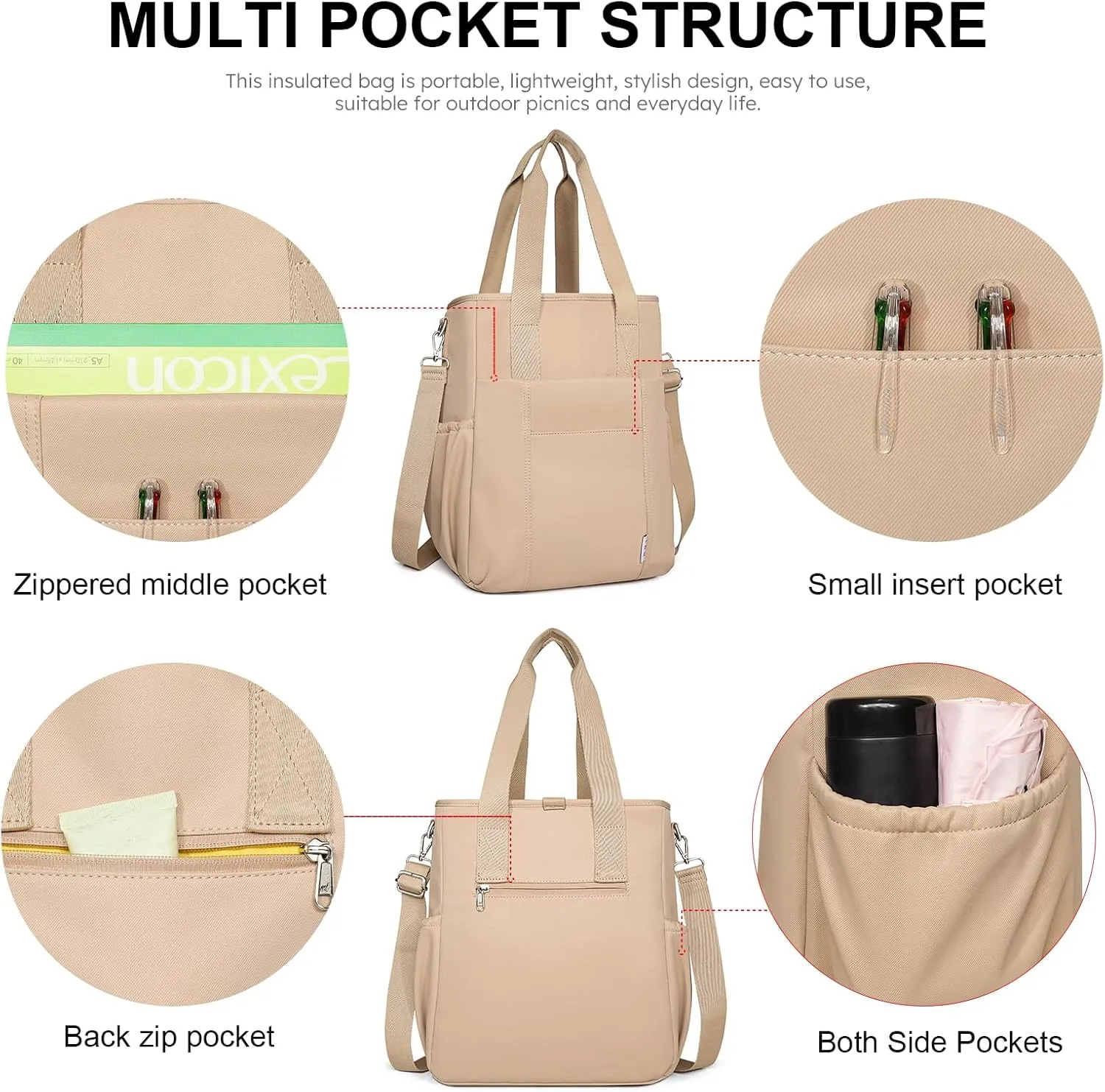 NOL Insulated Lunch Bag for Women, Large Spacious Lunch Tote Bag With Removable Adjustable Shoulder Strap with Multi Pockets,Leakproof Cooler Bag,Lightweight Nylon Waterproof Lunch Box For Work,Khaki