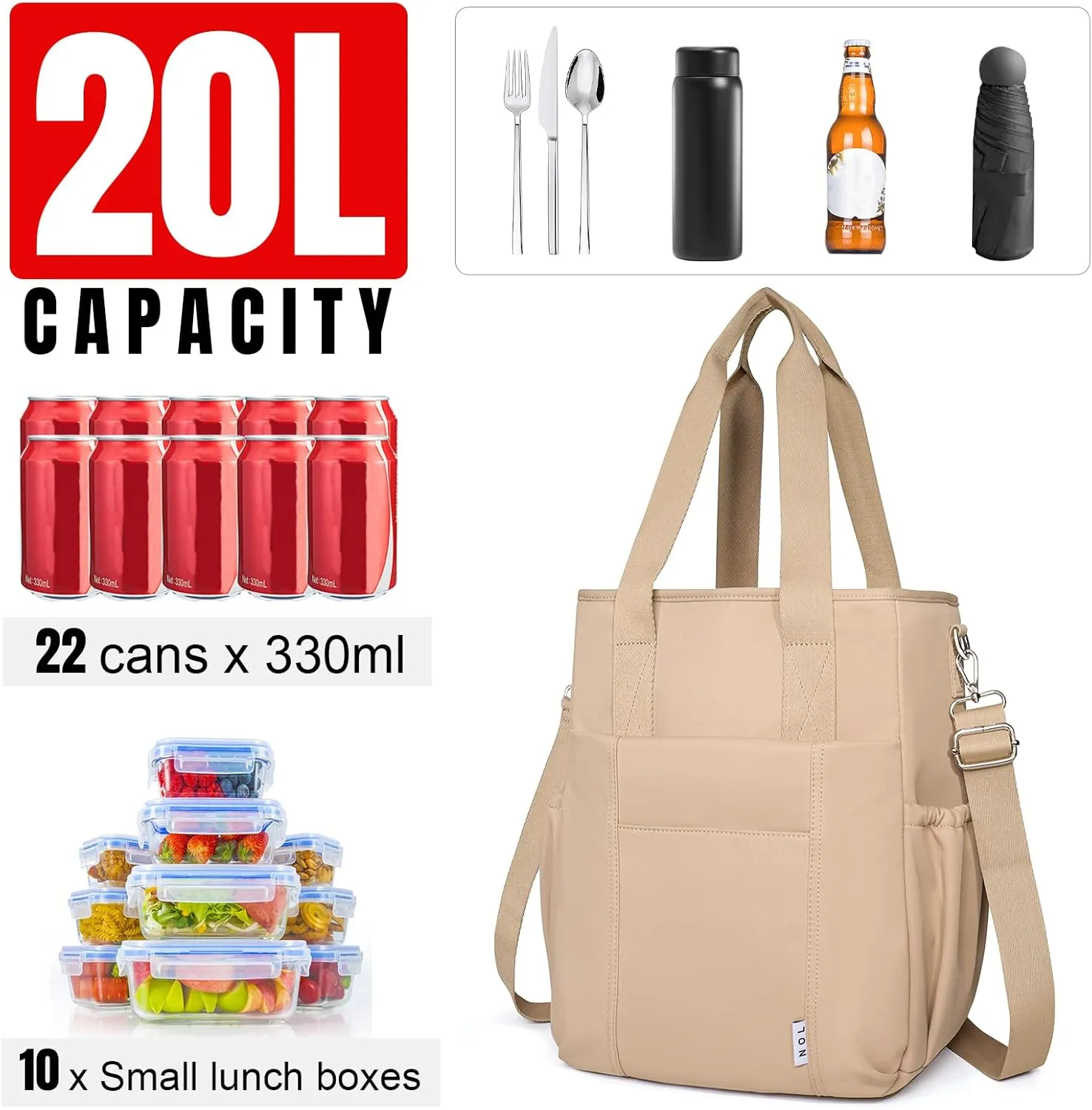 NOL Insulated Lunch Bag for Women, Large Spacious Lunch Tote Bag With Removable Adjustable Shoulder Strap with Multi Pockets,Leakproof Cooler Bag,Lightweight Nylon Waterproof Lunch Box For Work,Khaki