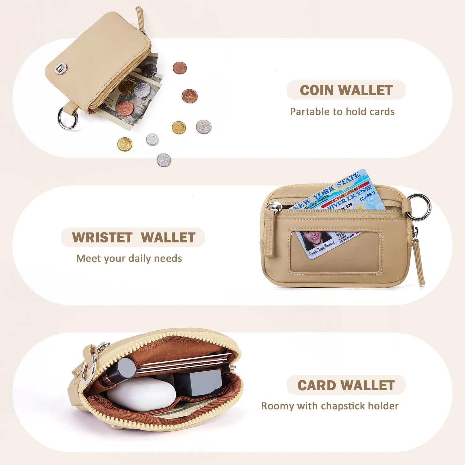 POIUGOYA Keychain Wristlet Wallet,Dual Pouch Wristlet Portable,Nylon RFID Coin Purse Small Wallet with key ring,ID Window