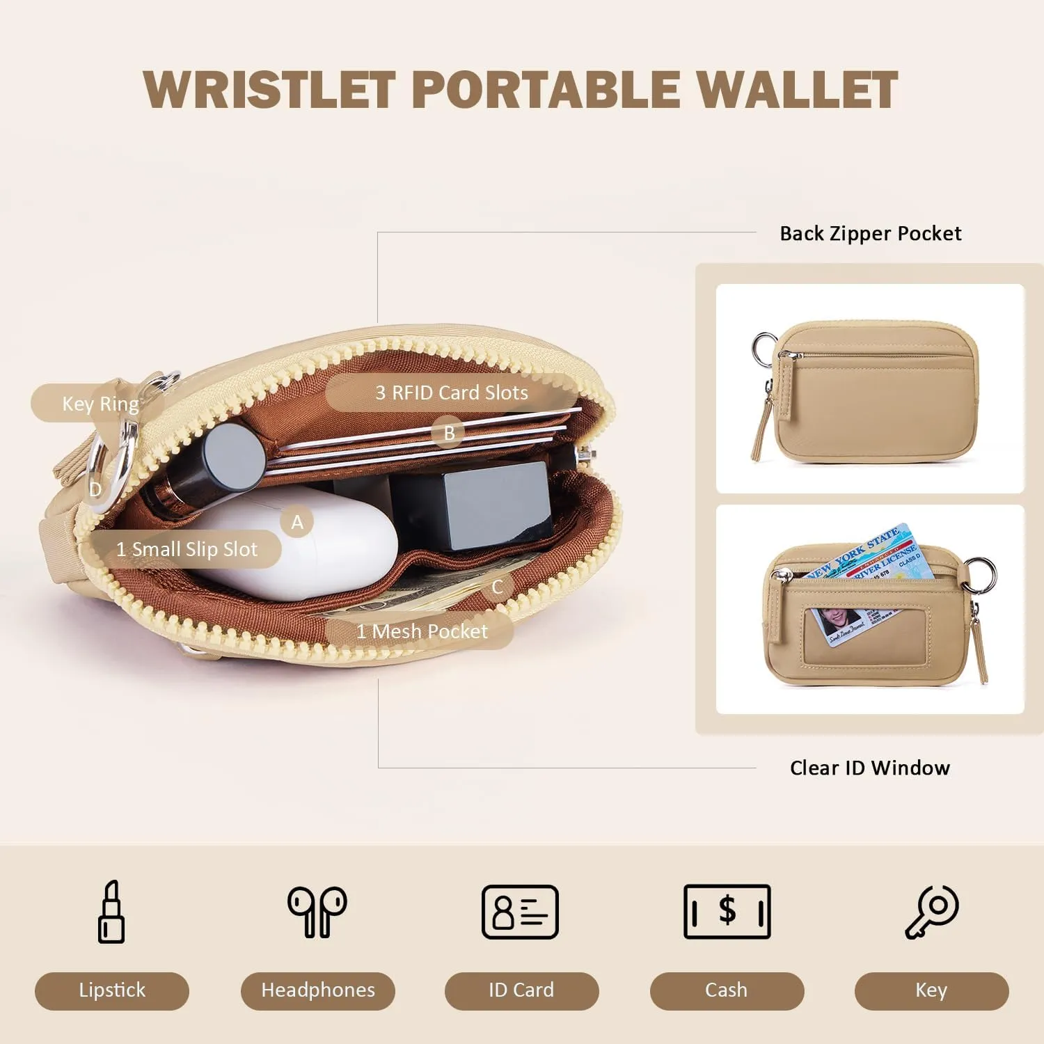 POIUGOYA Keychain Wristlet Wallet,Dual Pouch Wristlet Portable,Nylon RFID Coin Purse Small Wallet with key ring,ID Window