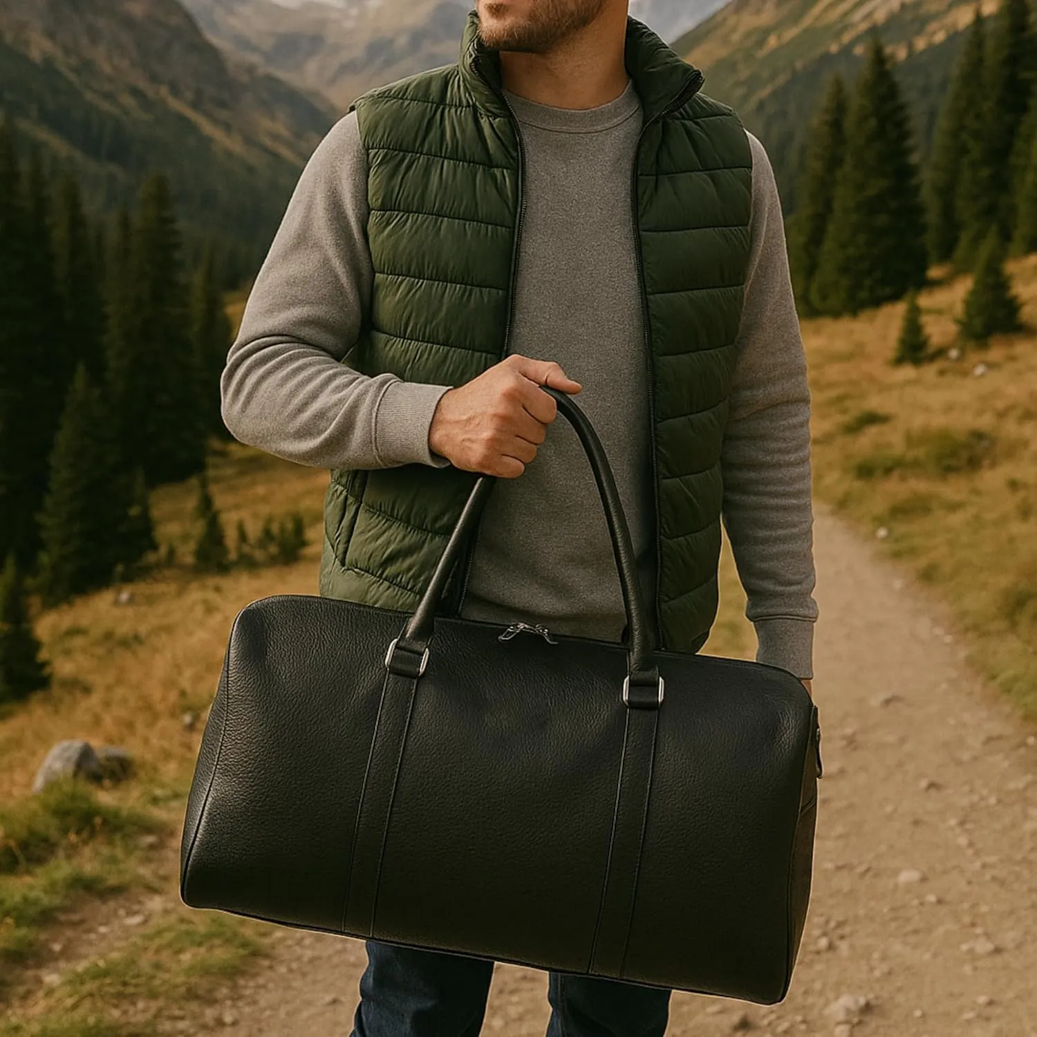 Real Cowhide Leather Travel Duffel Bag  Waterproof Weekender Overnight Bag, Vintage Handcrafted Travel Carry-On Luggage (Black)