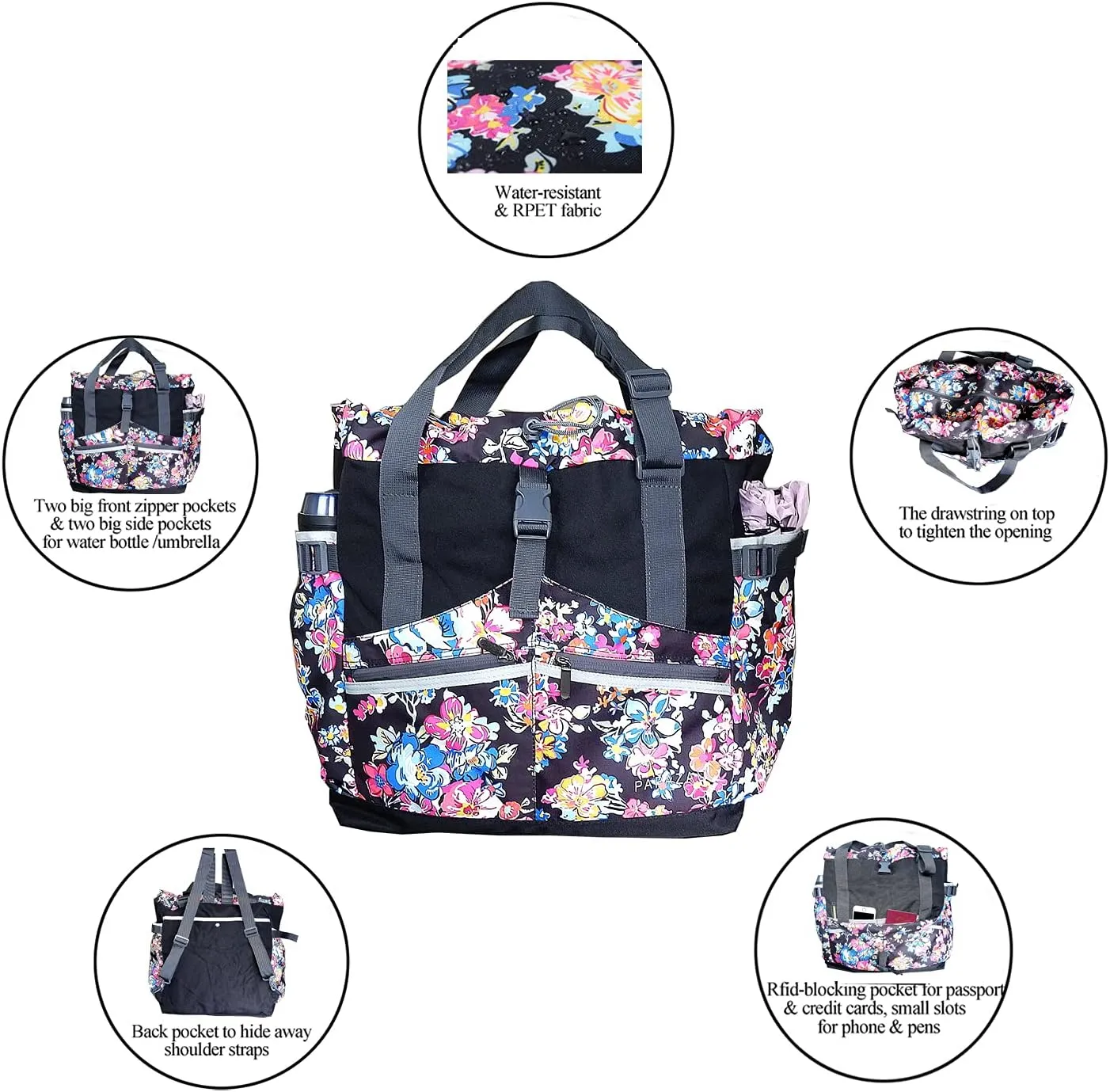 Rfid Travel Tote Bag 40L Convertible Beach Tote Backpack